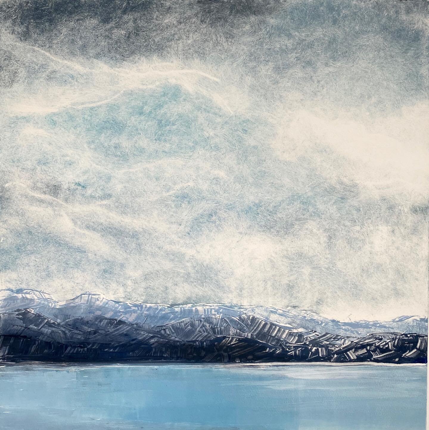 I&rsquo;ve been making new monotypes of calm lakescapes sketched and photographed during past road trips in Europe. I use rollers, brushes and card to apply etching inks onto a plate before pulling it through the press just once, so they are as origi