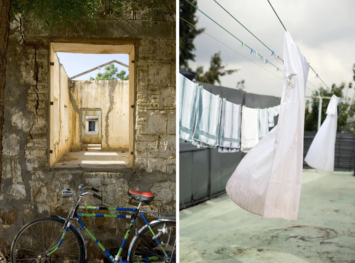 A bullet riddled wall in South Sudan and laundry drying in the wind in Nairobi, Kenya.