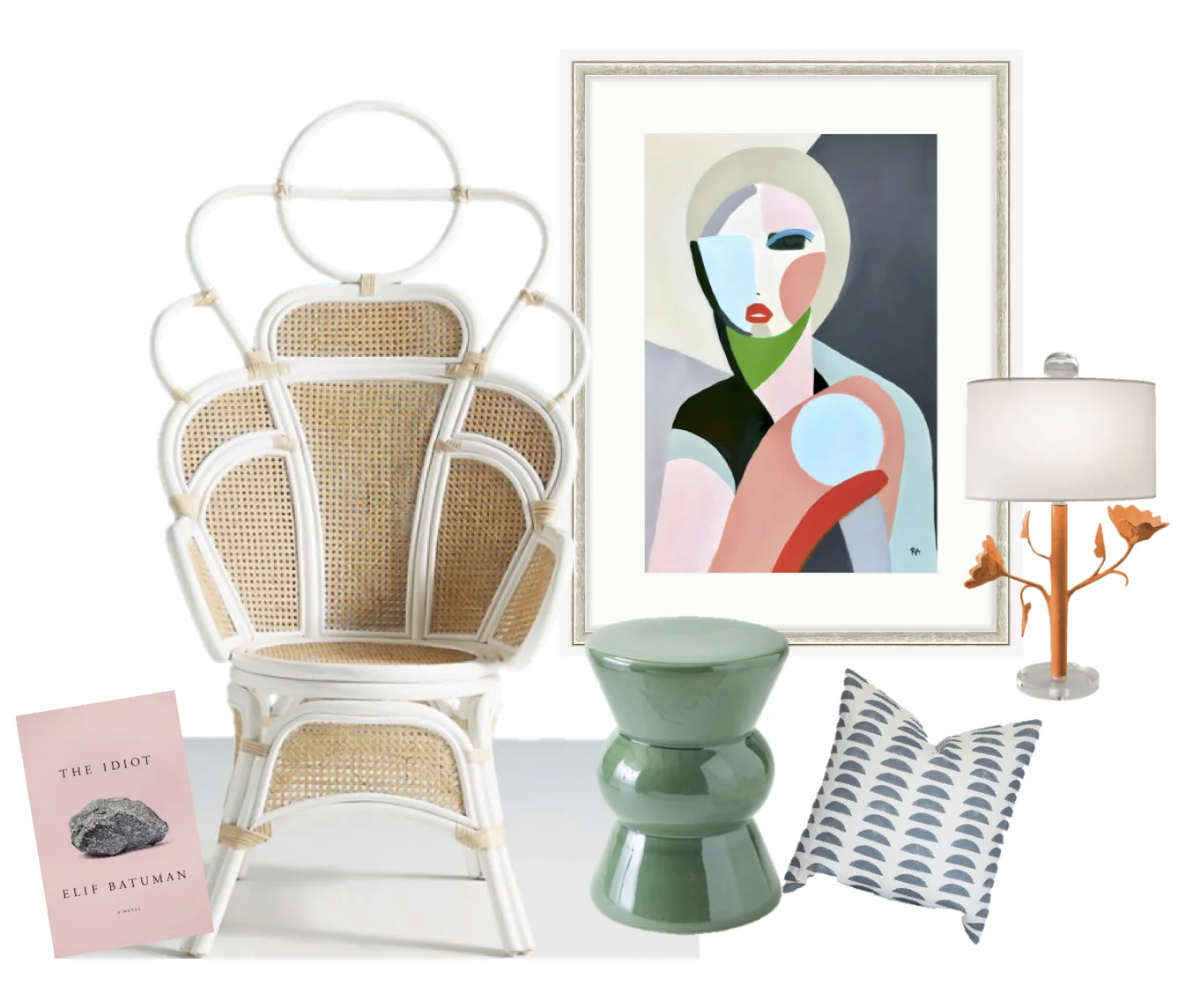 Peacock chair ; original artwork ; table lamp ; side table ; pillow ; The Idiot by Elif Batuman.