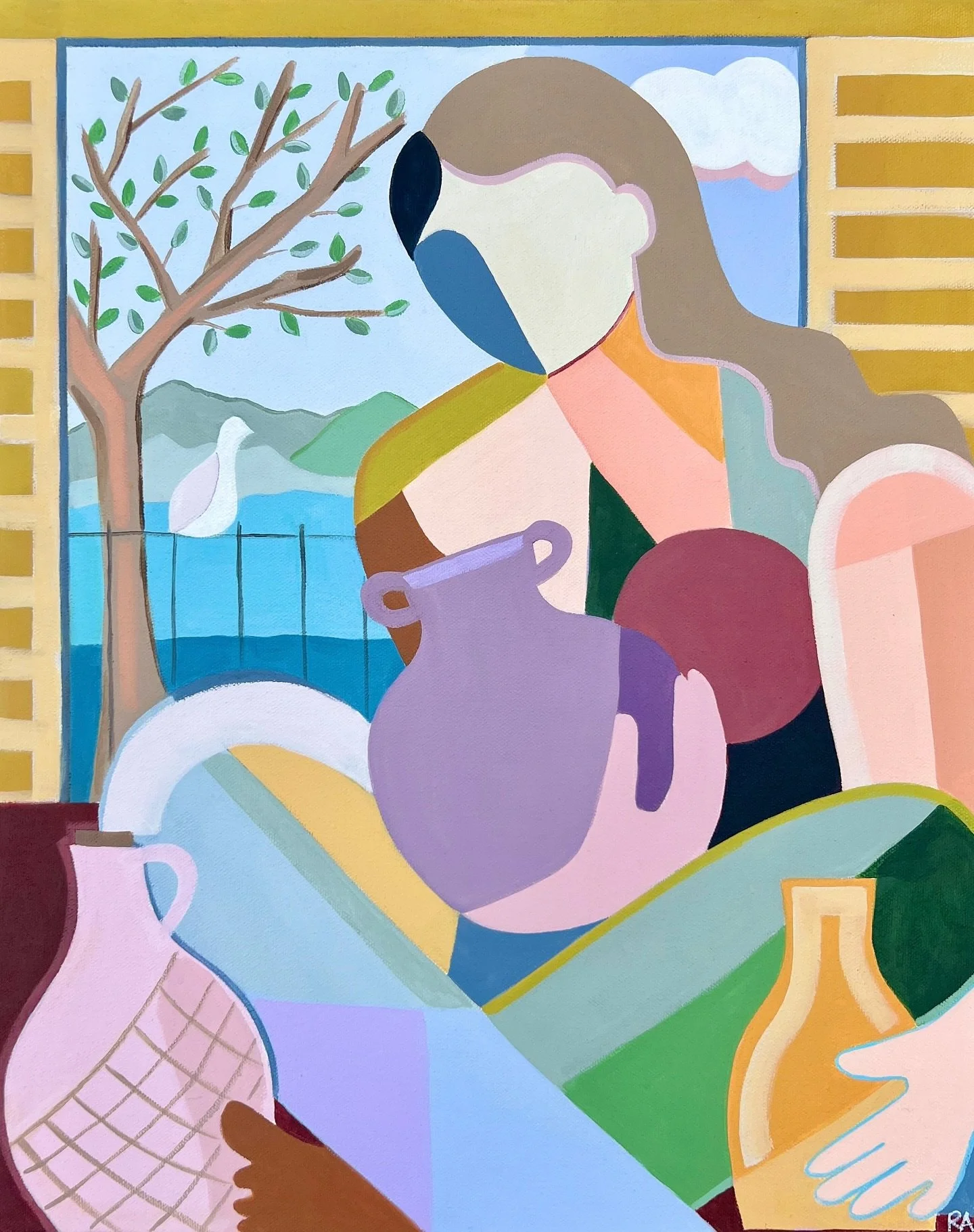 A closer look at &ldquo;The Potter II,&rdquo; which I started sketching after a trip to the South of France. 

The perspective in these pieces is inspired by Picasso&rsquo;s pigeon series&mdash;I was delighted to see them in the namesake museum in Ba