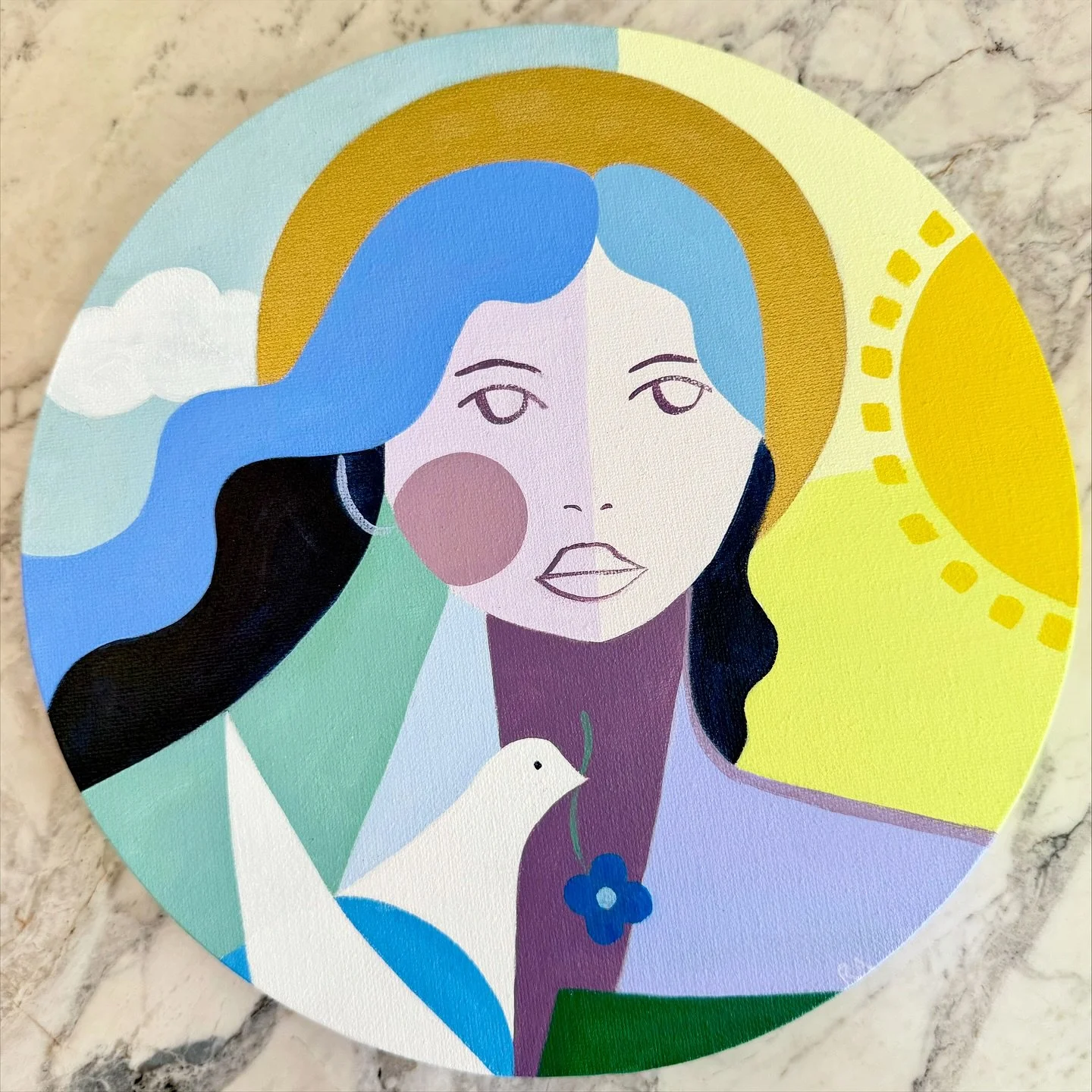 &ldquo;Odette&rdquo; angel on round canvas now available jn the holiday shop. 

I&rsquo;ve been painting these angels on canvas for a few years now but never in the round. I love the way the shape informs the composition and the little decorative fol