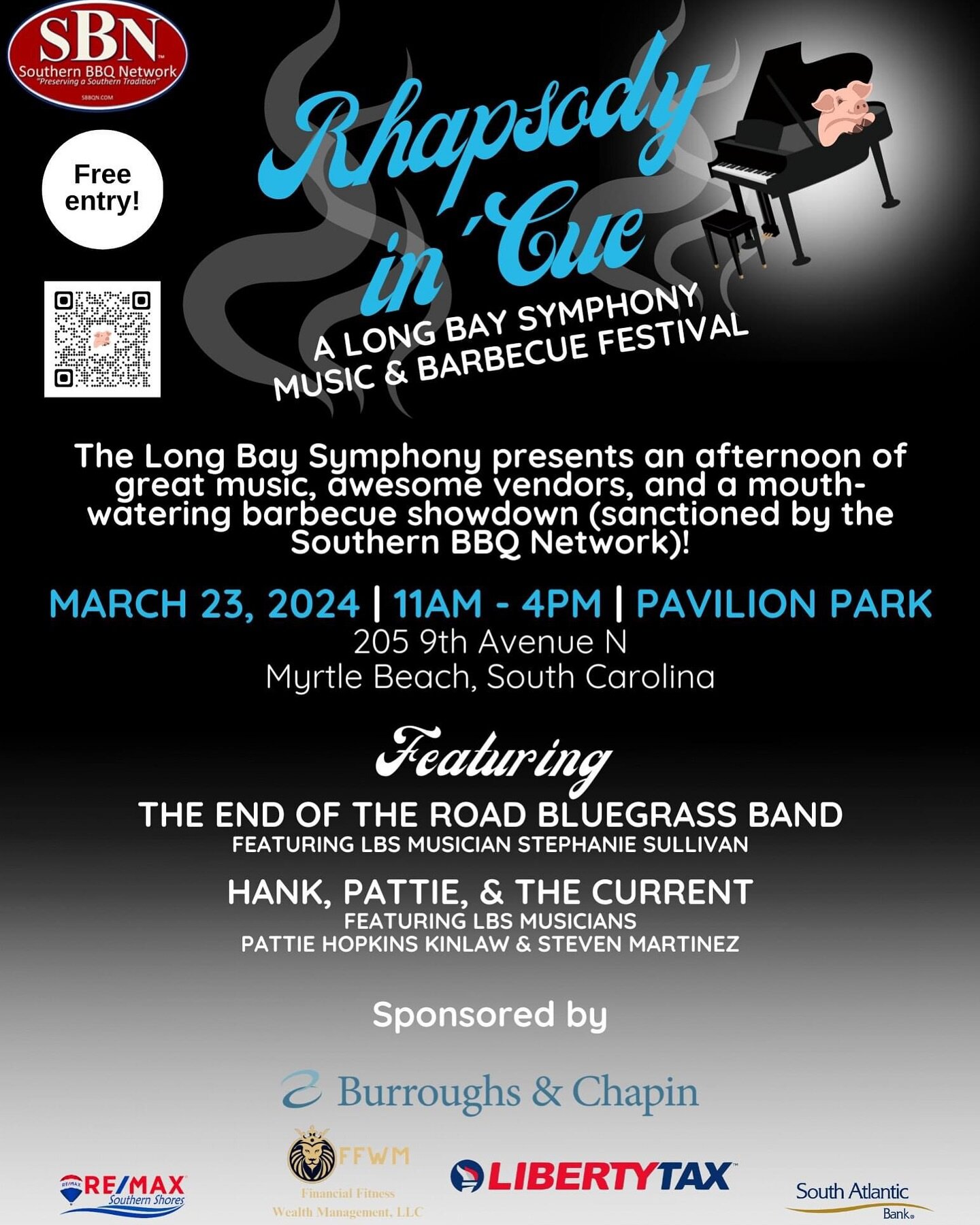 We are excited to partner with The Long Bay Symphony for their inaugural Rhapsody in &lsquo;Cue: Music &amp; Barbecue Festival!! Come join us on Saturday, March 23 from 11AM - 4PM at the Pavilion Park in Myrtle Beach.  Admission into the festival is 