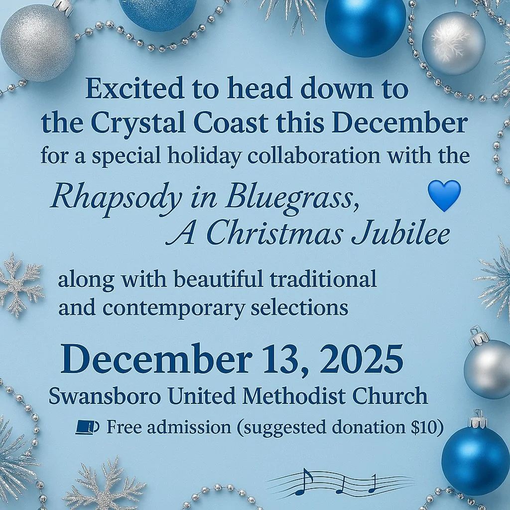 Excited to head down to the Crystal Coast this December for a special holiday collaboration with the Crystal Coast Choral Society! ❄️💙
We&rsquo;ll be joining Finley Woolston and the choir for Rhapsody in Bluegrass: A Christmas Jubilee, along with be