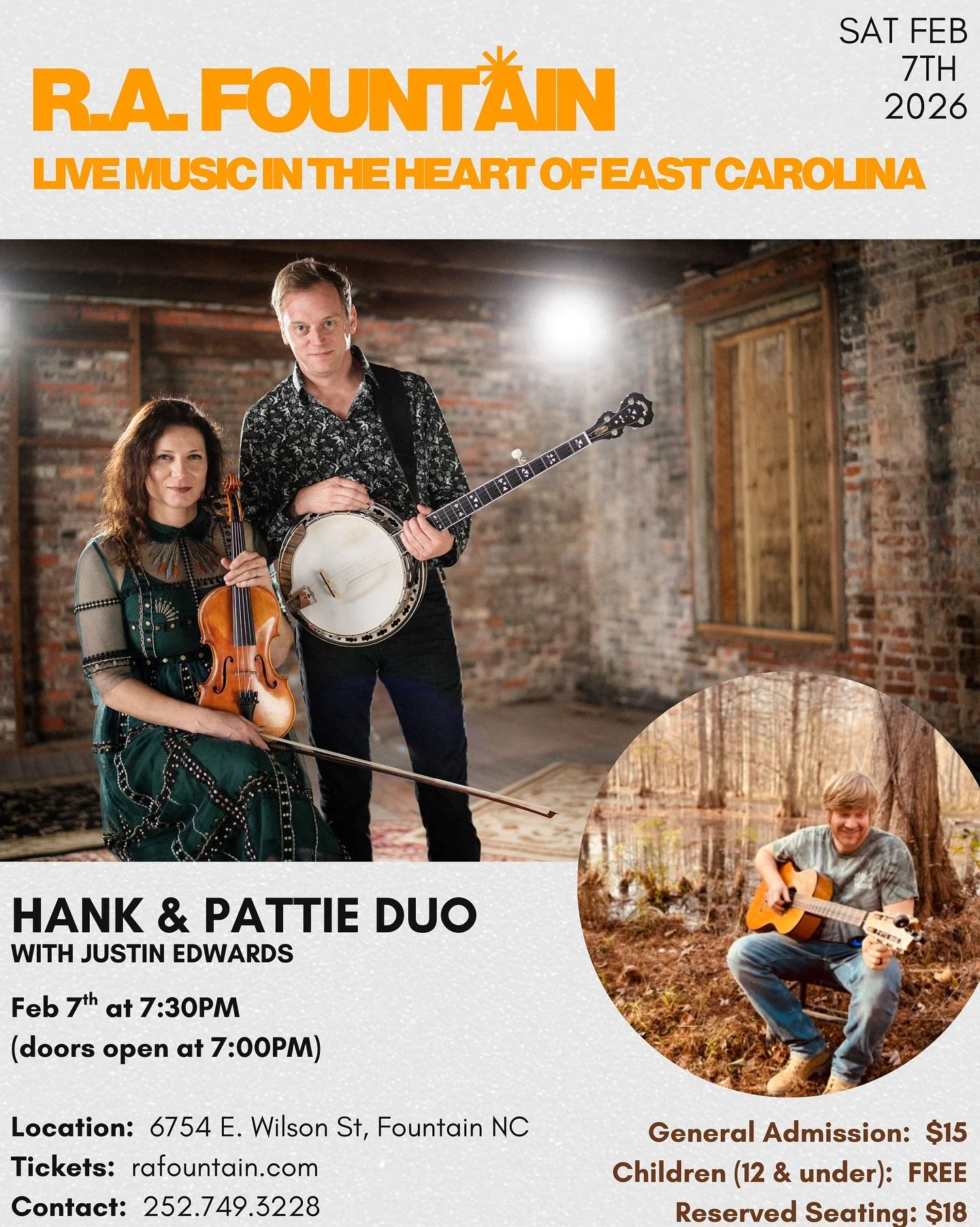 We&rsquo;re coming to Fountain, NC!🎻🪕
Hank &amp; Pattie (duo) with Justin Edwards
Saturday, February 7

A cozy night of acoustic music, banjo, fiddle, guitar, and vocals.  Hope to see you there!