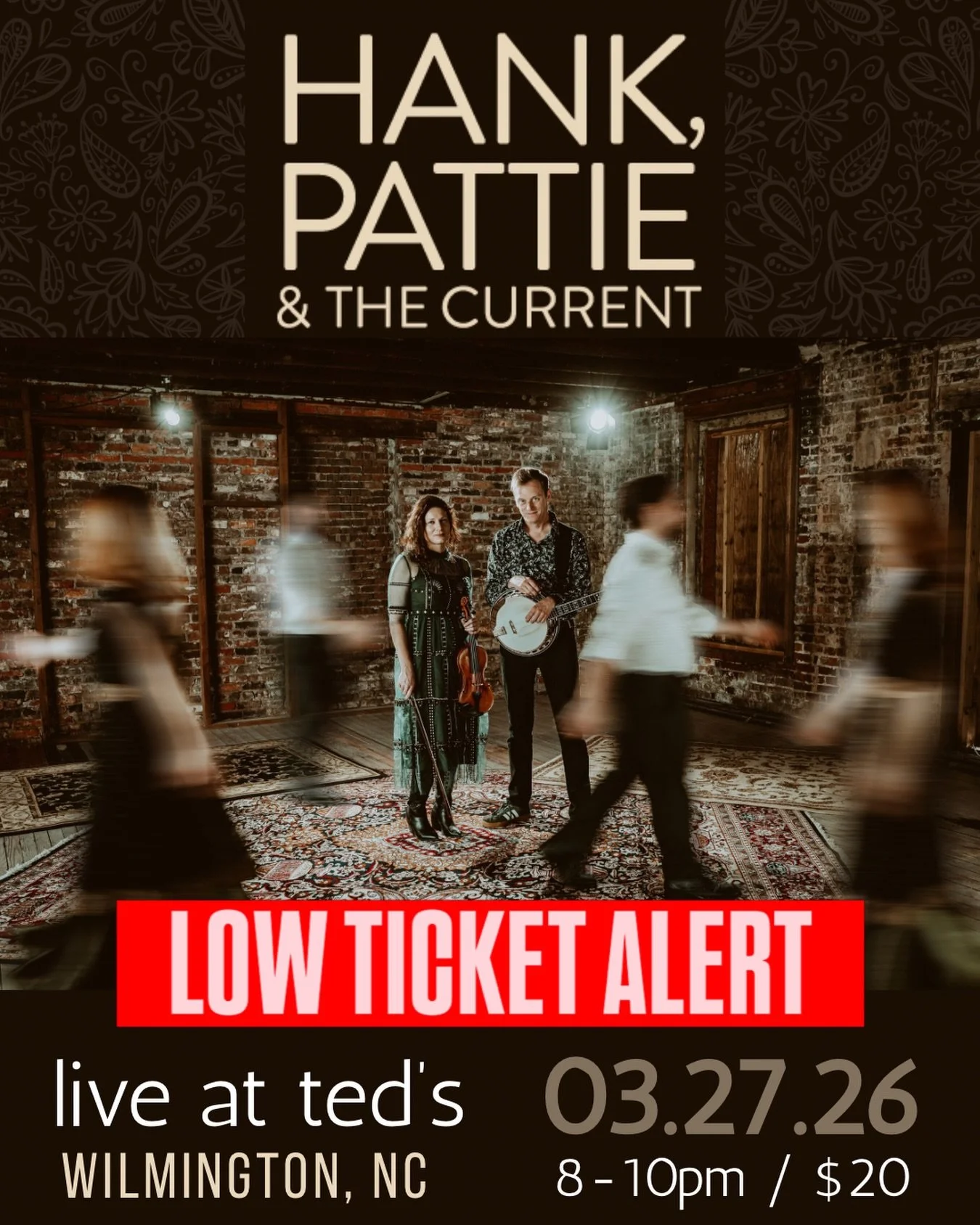 🚨LOW TICKET ALERT🚨

If you want to come see us at @liveatteds this Friday, don't wait! Only a handful of tickets are left!

Grab yours at liveatteds.com! 🎻

#hankandpattie #hankpattieandthecurrent #liveatteds #livemusic #wilmingtonnc