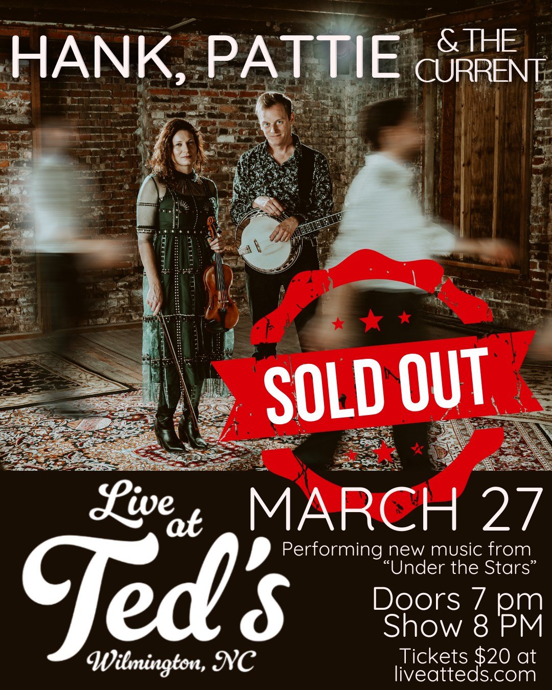 SOLD OUT tomorrow night at @liveatteds! We can't wait to play for you, Wilmington! 

#hankandpattie #hankpattieandthecurrent #livemusic #wilmingtonnc #adventurousstrings