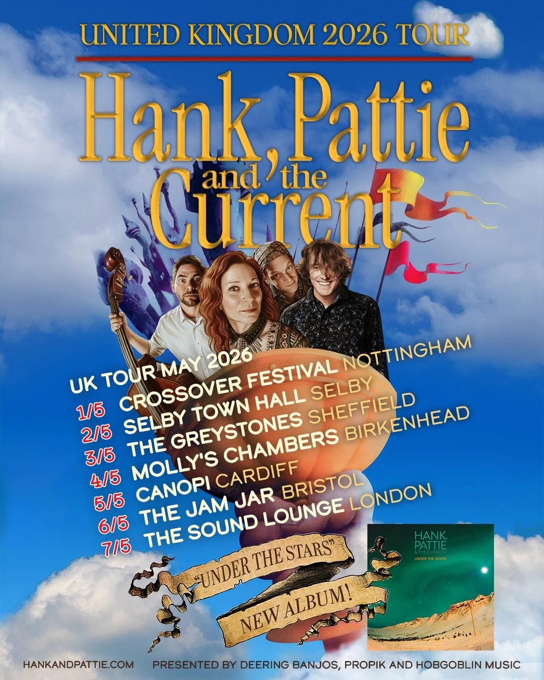 7 cities. 1 tour. UK - we're bringing our new album #UndertheStars to you. Drop your city below 🎻

Get tickets &amp; show info at hankandpattie.com 🇬🇧

@deeringbanjos @hobgoblinmusic1976 

#hankandpattie #uktour #bluegrass #americanauk