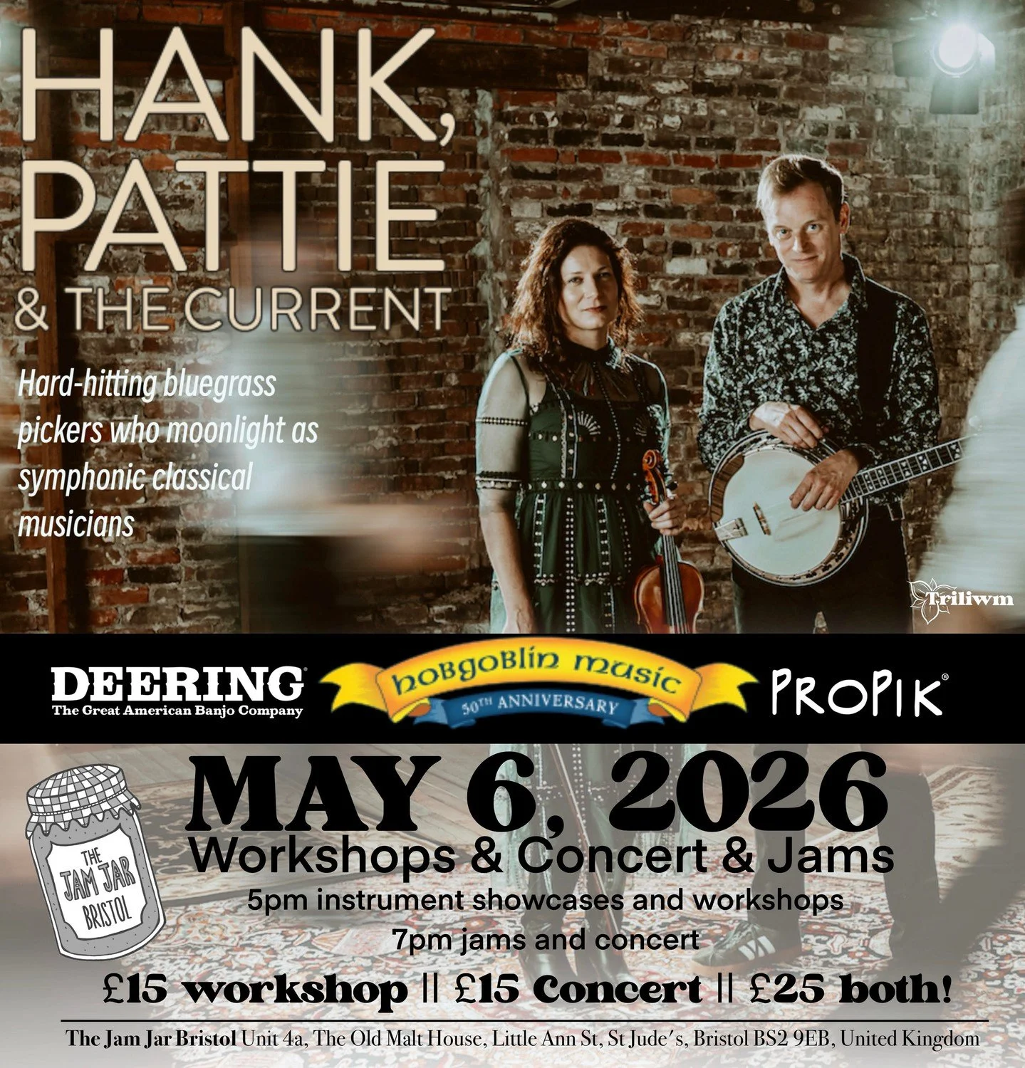 Bristol - this one is different! More than just a concert... it's a workshop and jam session! Join us May 6 at @thejamjar_bristol as we team up with @deeringbanjos @propikfingerpicks and @hobgoblinmusic1976 for a full night of music and community. Fi