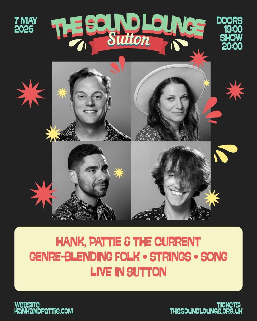 London/Sutton - we're closing out the tour with you on May 7 at the @soundloungecic. Let's end our UK run strong! 🪕 

Get tickets at the link in our bio. 

#hankandpattie #uktour #london #underthestars #suttonuk