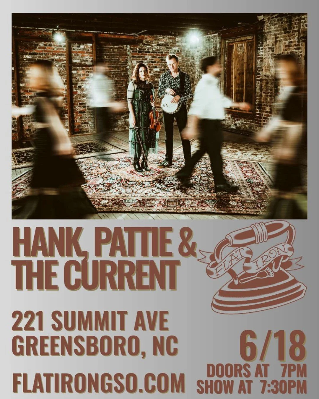 Greensboro friends! 🪕 Just a reminder that tickets are on sale NOW for our show at @flatirongso on 6/18! Mark your calendars and grab your tickets at flatirongso.com! 

#hankandpattie #hankpattieandthecurrent #greensboro #ncmusic #adventurousstrings