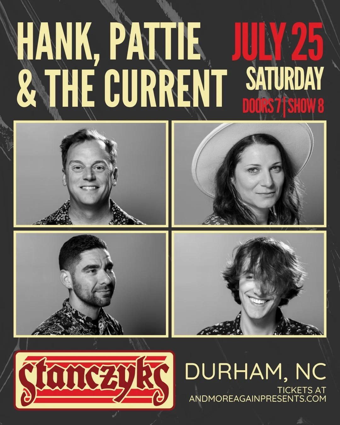 JUST ANNOUNCED: we're playing @stanczyksdurham in Durham, NC on Saturday, July 25! Let us know if we'll see you there! 🎻🪕

#hankpattieandthecurrent #livemusic #adventurousstrings #bluegrass #durham