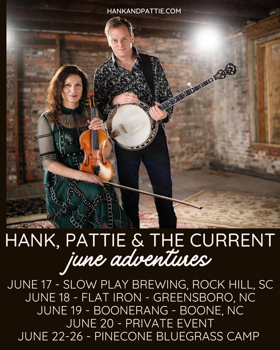 Here's what's coming up in the month of June! 

We have a fun little run of shows that will take us down into SC and back up to Boone, NC. Then we're excited to kick off summer camp season teaching at @pineconenc Bluegrass Camp! 

For the full list o