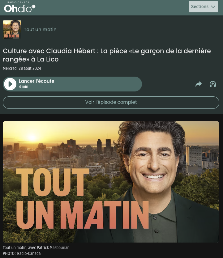 Culture avec Claudia Hébert : La pièce «Le garçon de la dernière rangée» à La Licorne [ICI Radio-Canada - Critique]