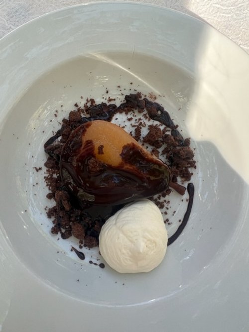 chocolate poached pear with vanilla ice cream in Avignon