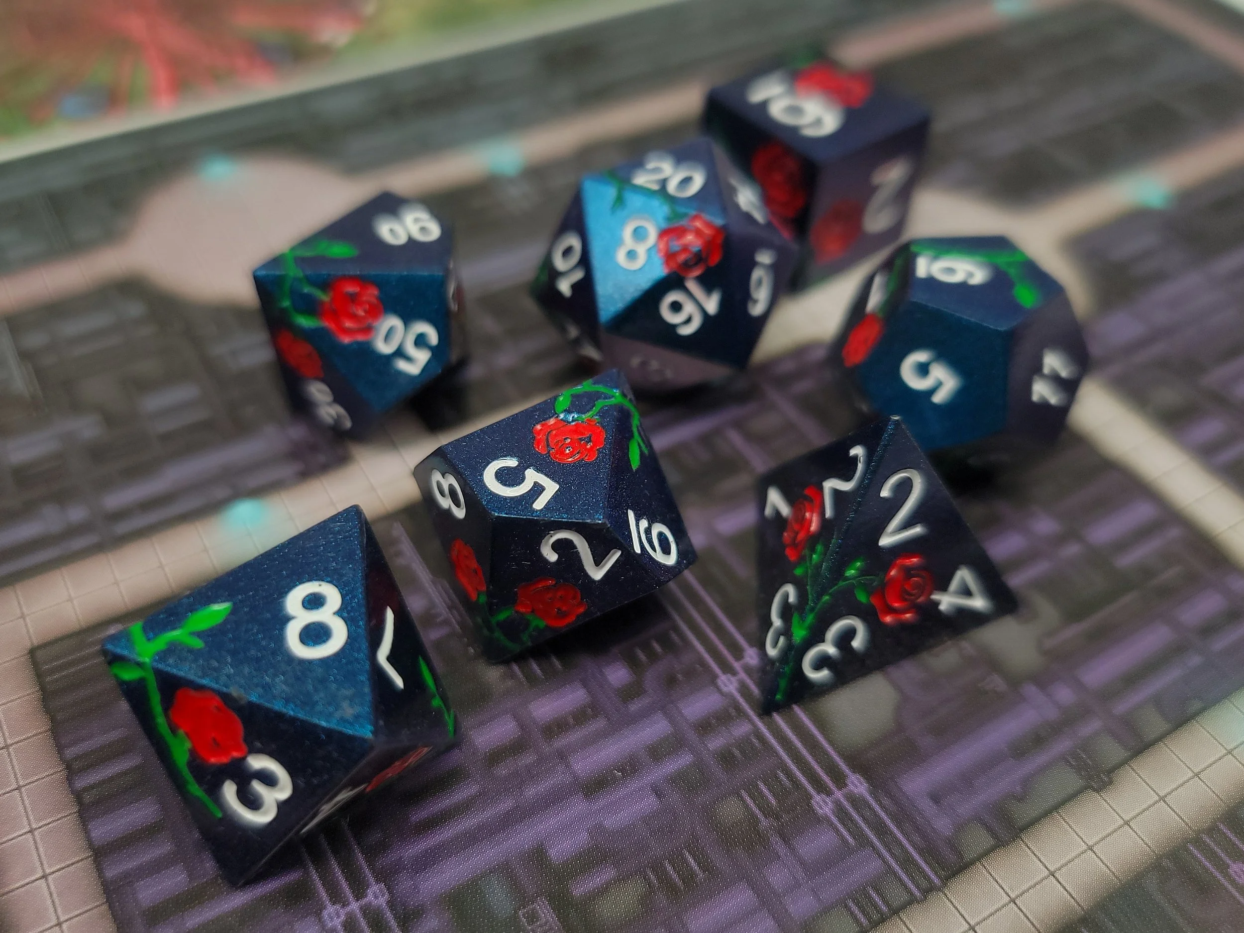 Red Rose on Blue Metal Dice