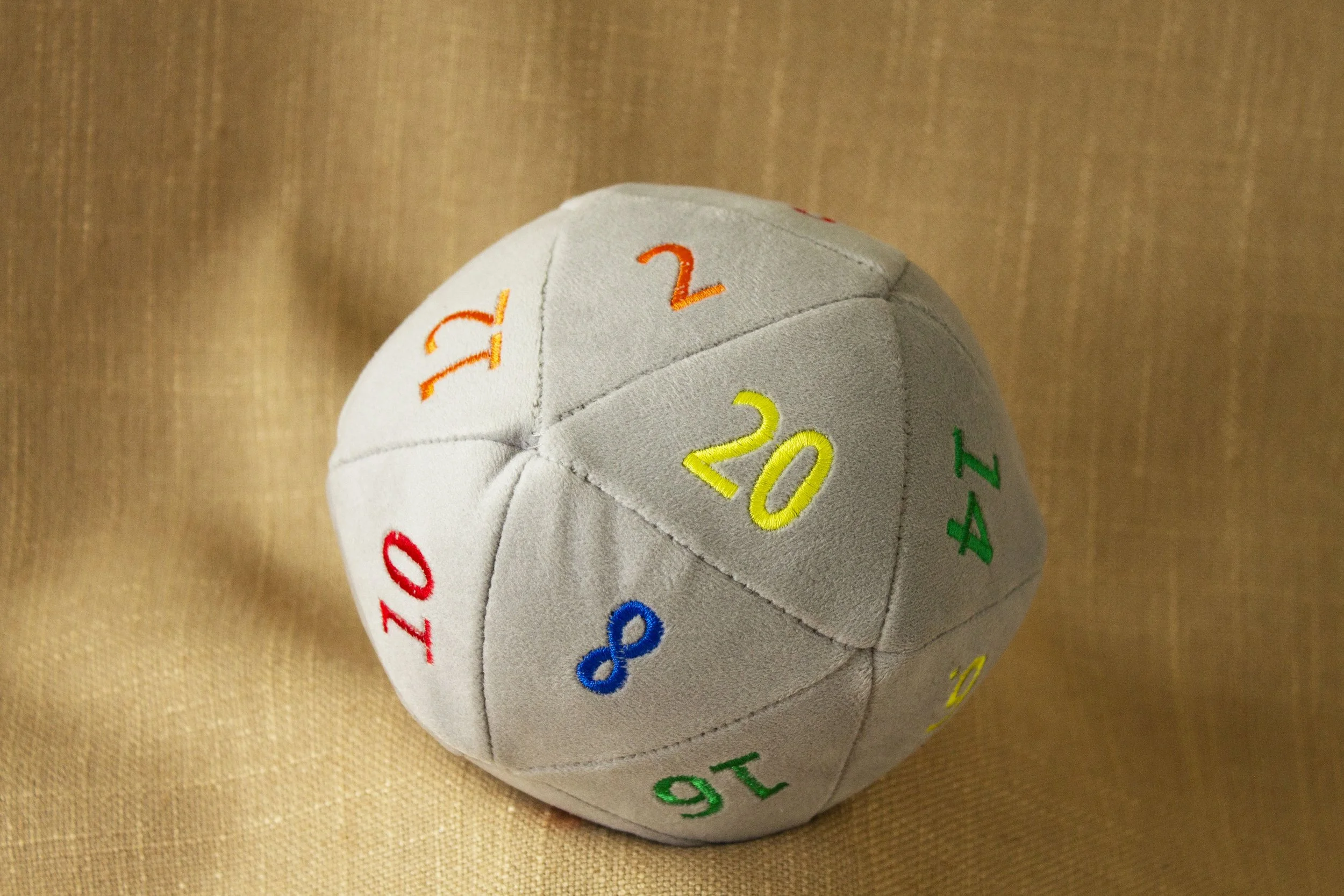 Small Gray Plush D20 with Rainbow Numbers