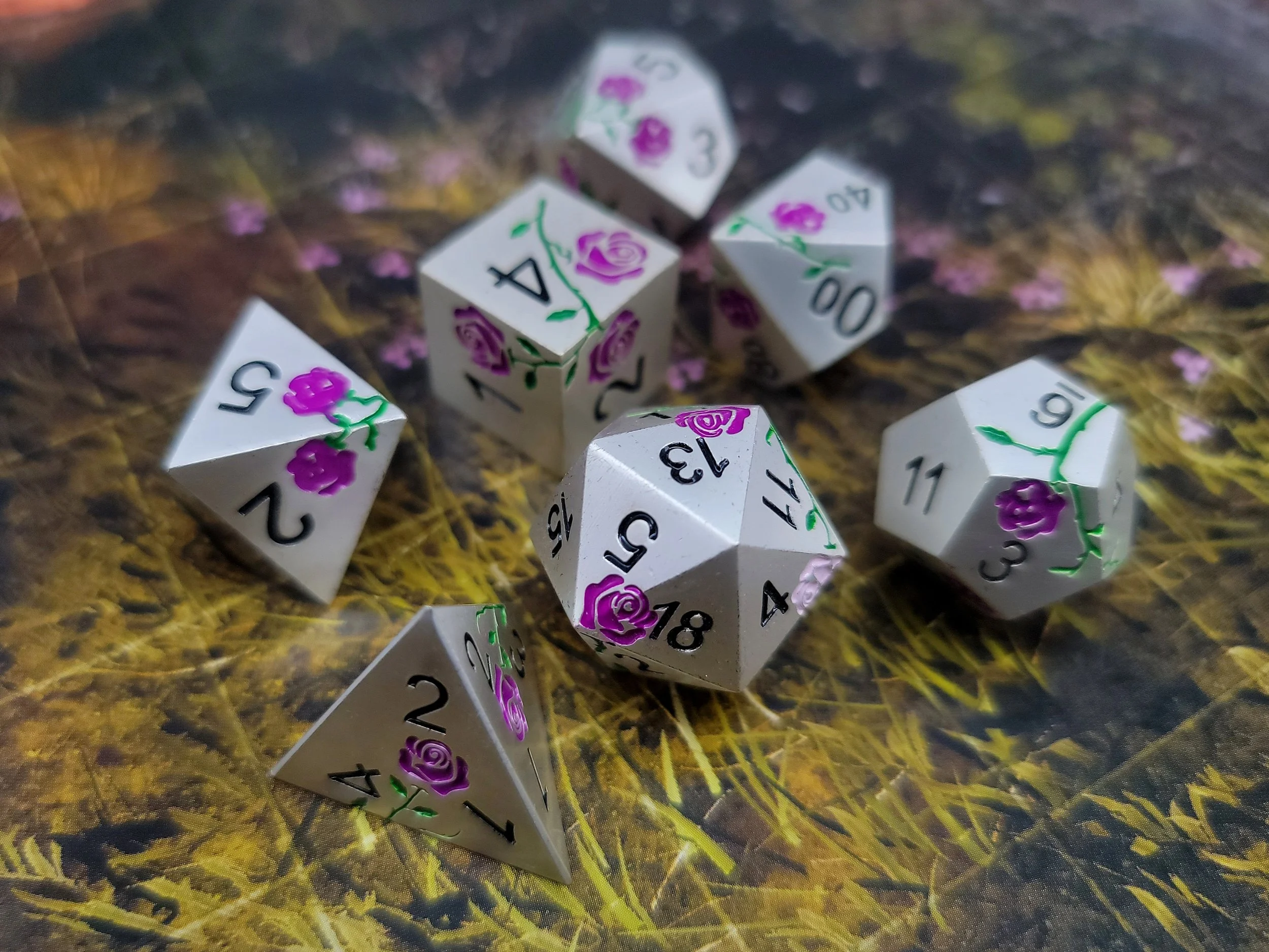 Purple Rose on Silver Metal Dice (Copy) (Copy)