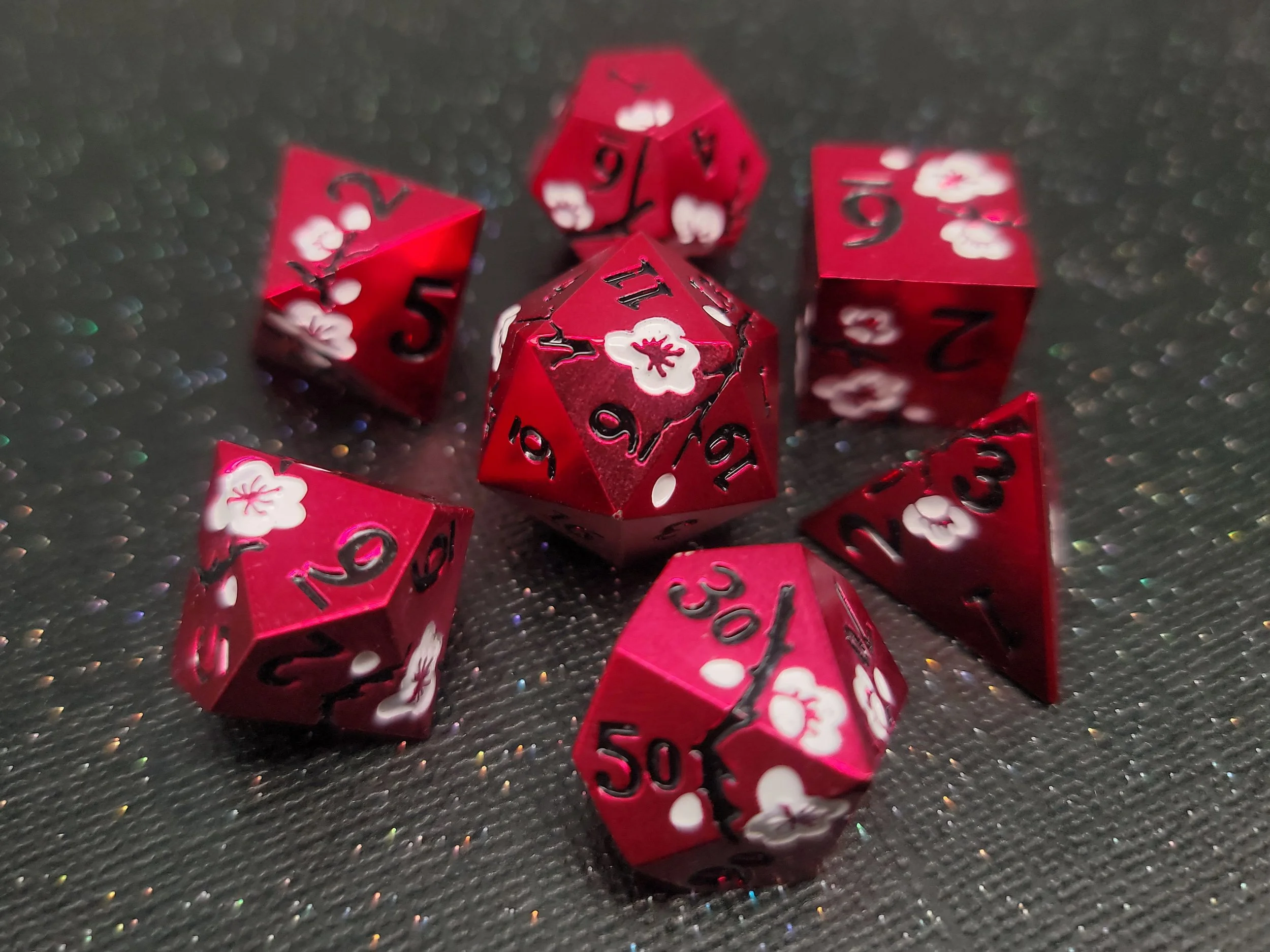 White Cherry Blossom on Dark Pink Metal Dice