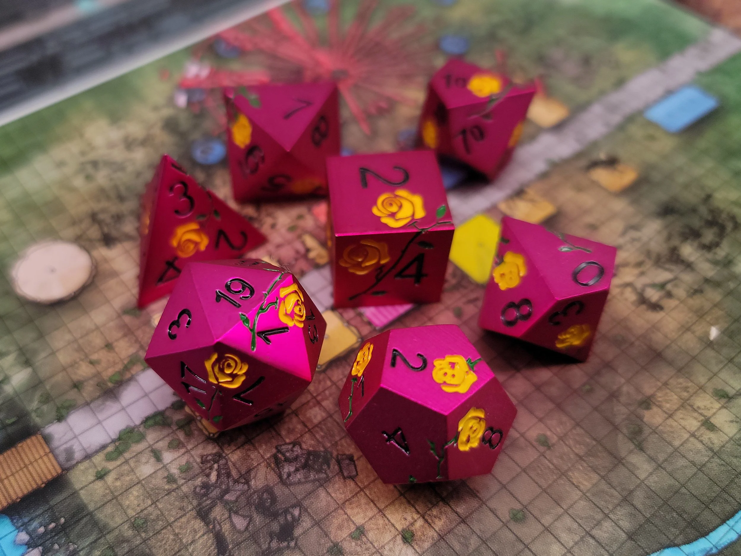 Yellow Rose on Magenta Metal Dice