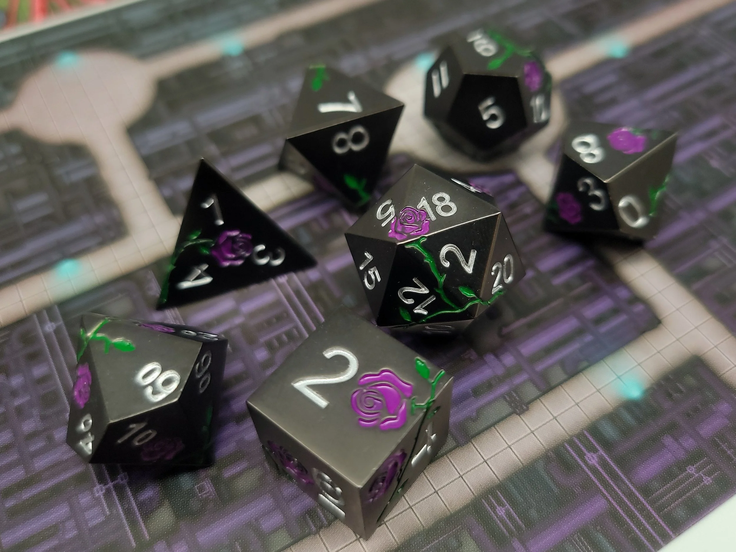 Purple Rose on Black Metal Dice