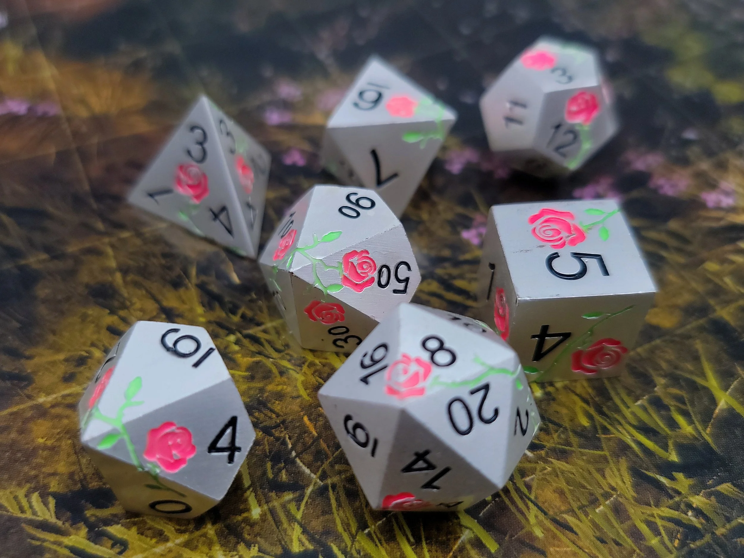 Bright Pink Rose on Silver Metal Dice (Copy) (Copy)