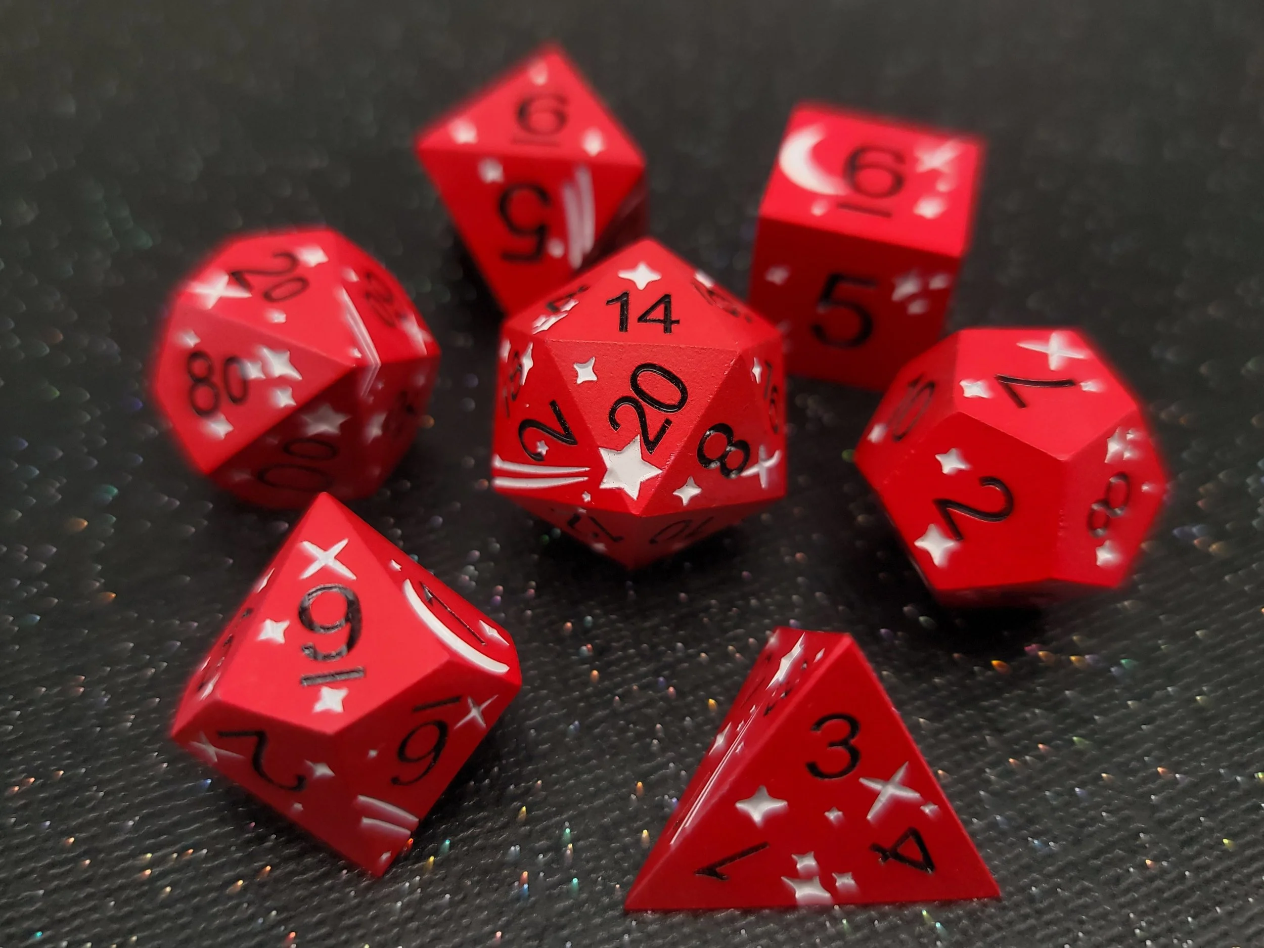 White Stars on Red Metal Dice