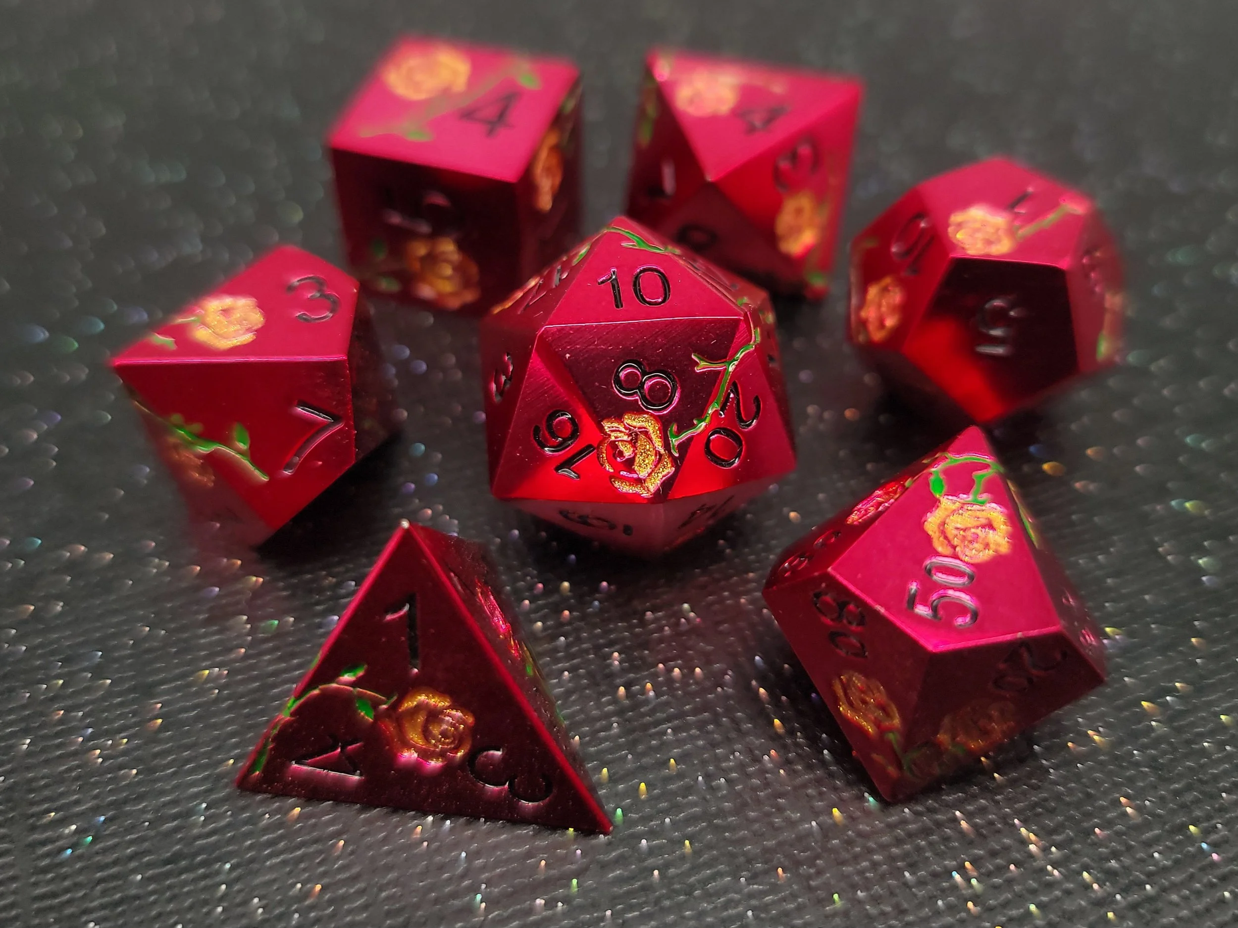 Gold Rose on Red Metal Dice