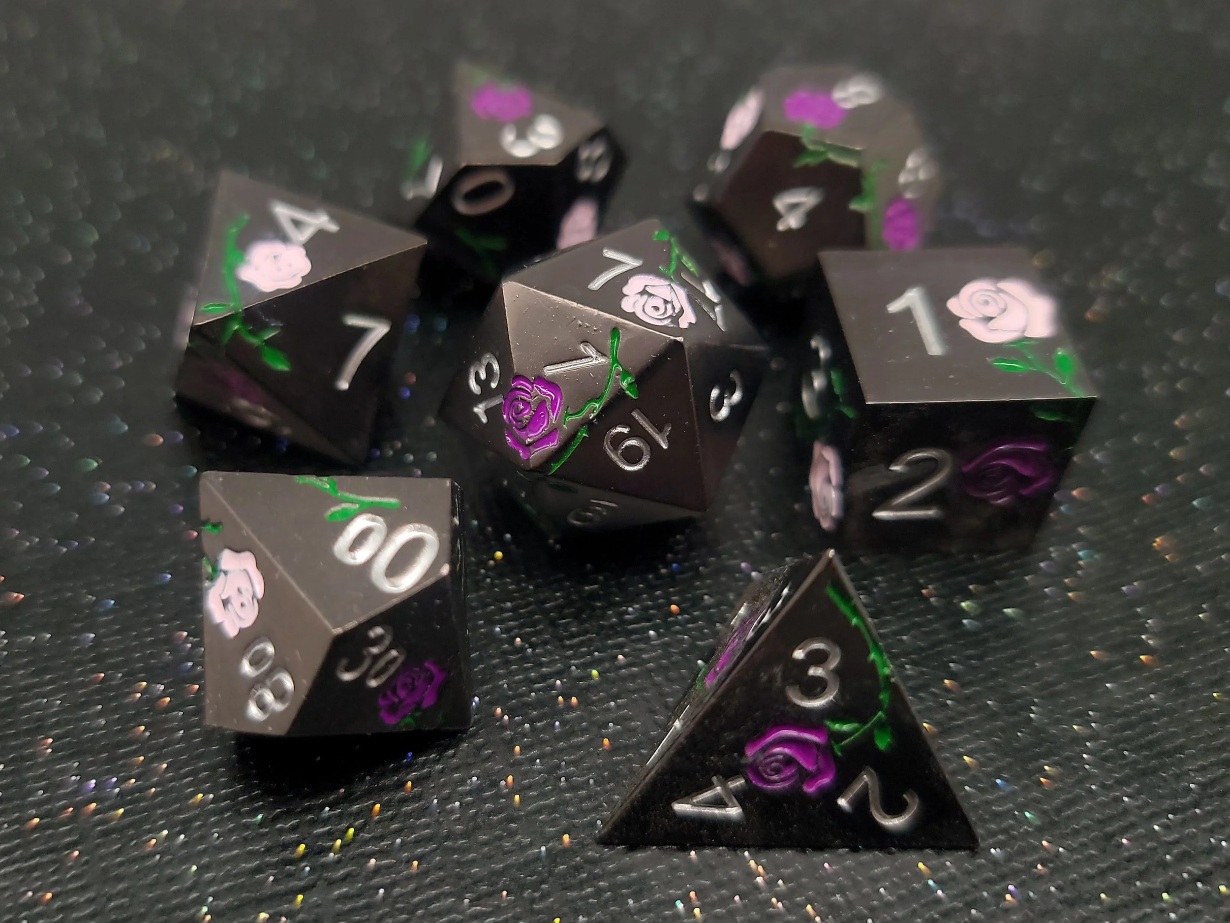 Pink and Purple Rose on Black Metal Dice