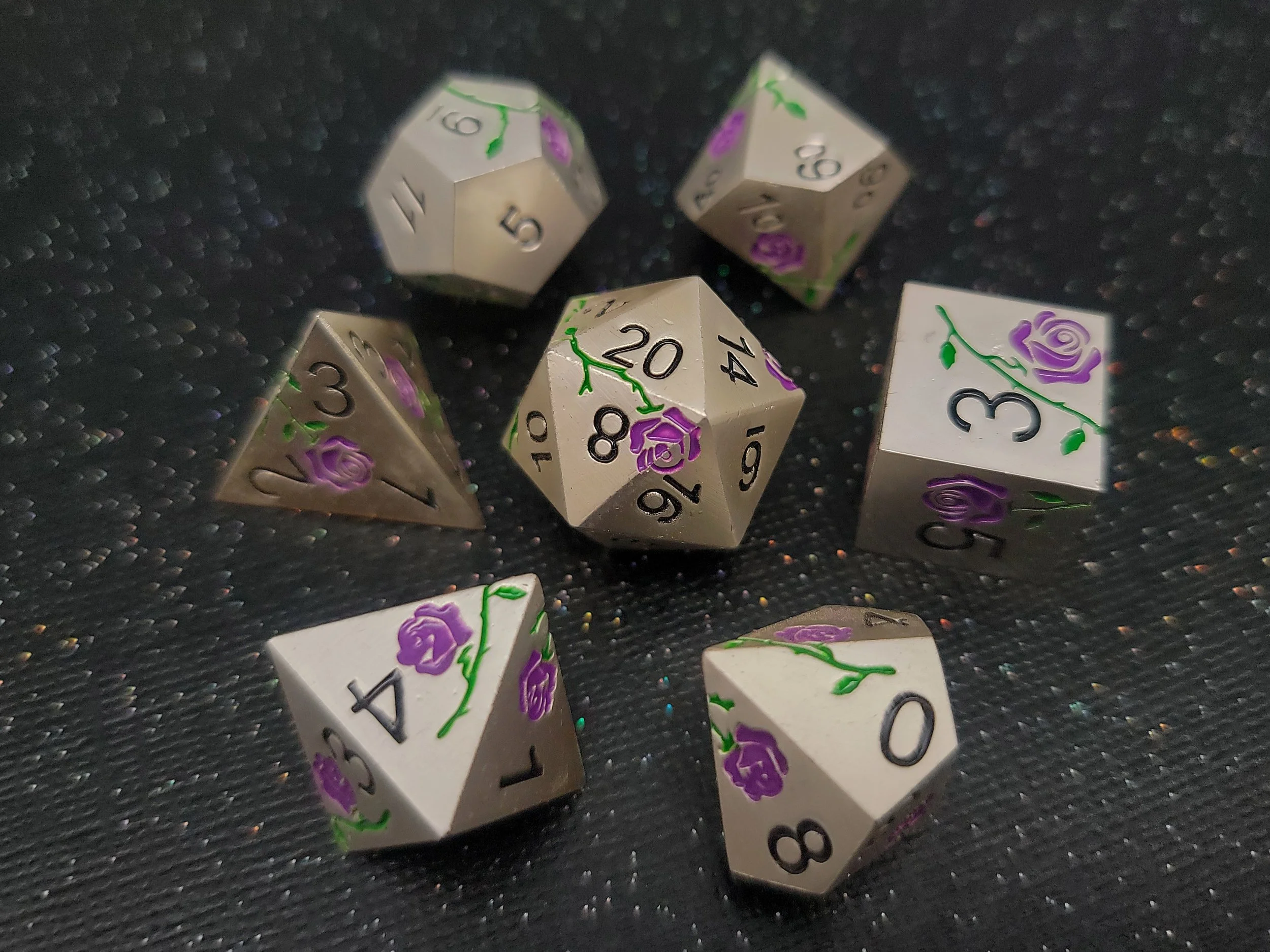 Purple Rose on Silver Metal Dice