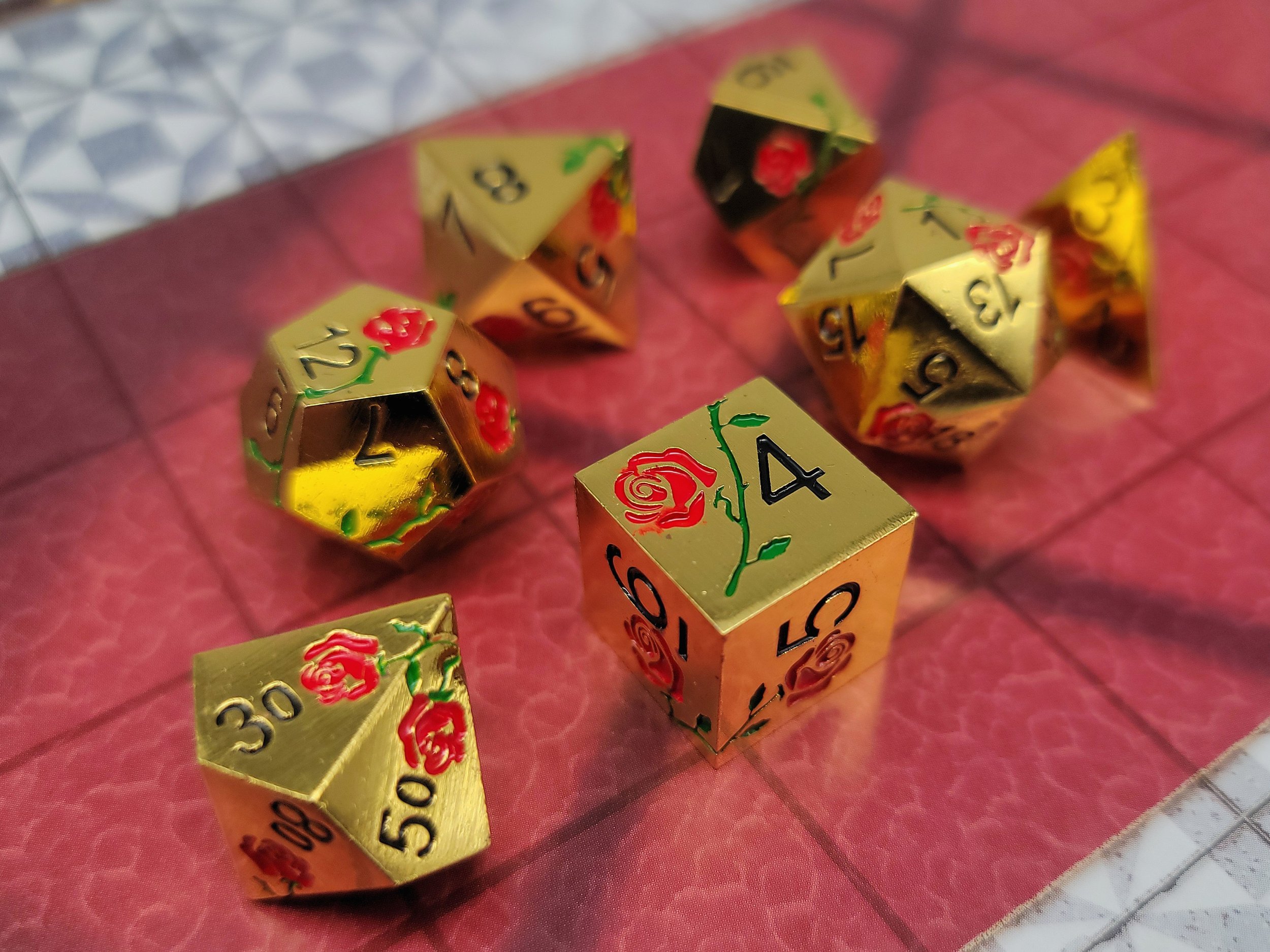 Red Rose on Gold Metal Dice
