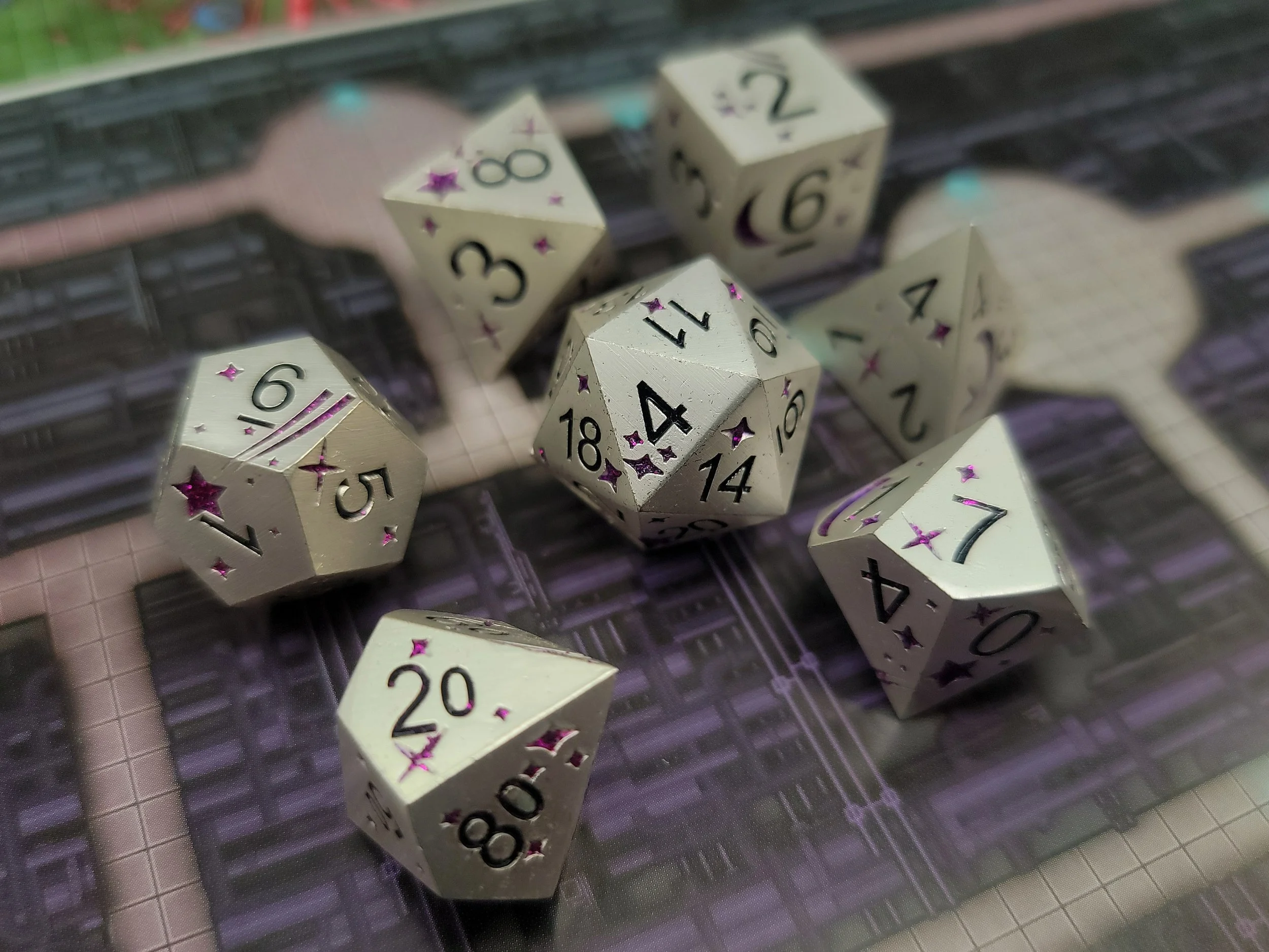Glitter Purple STars on Silver Metal Dice