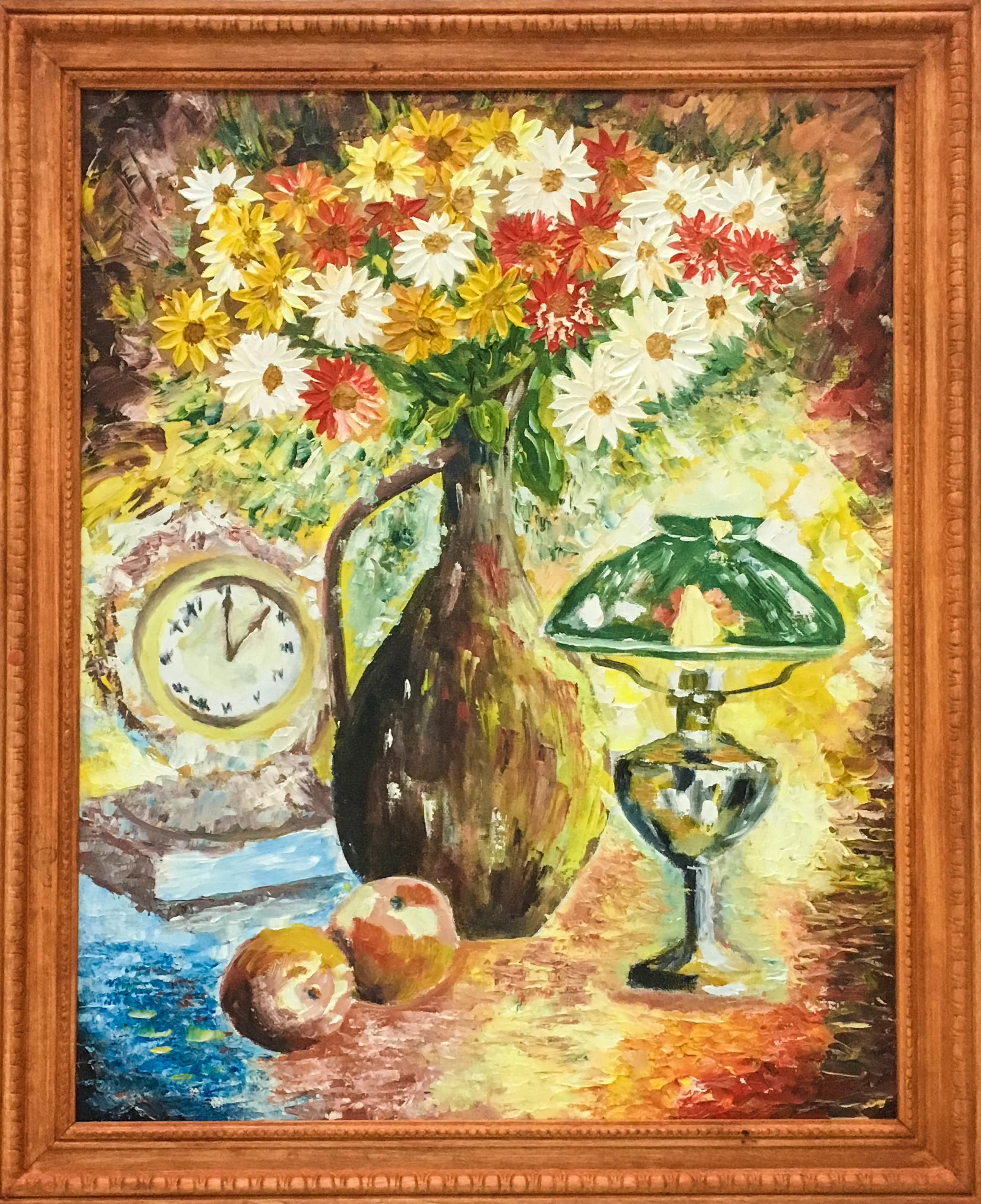 Still Life with Flowers, Lamp, Clock and Apples