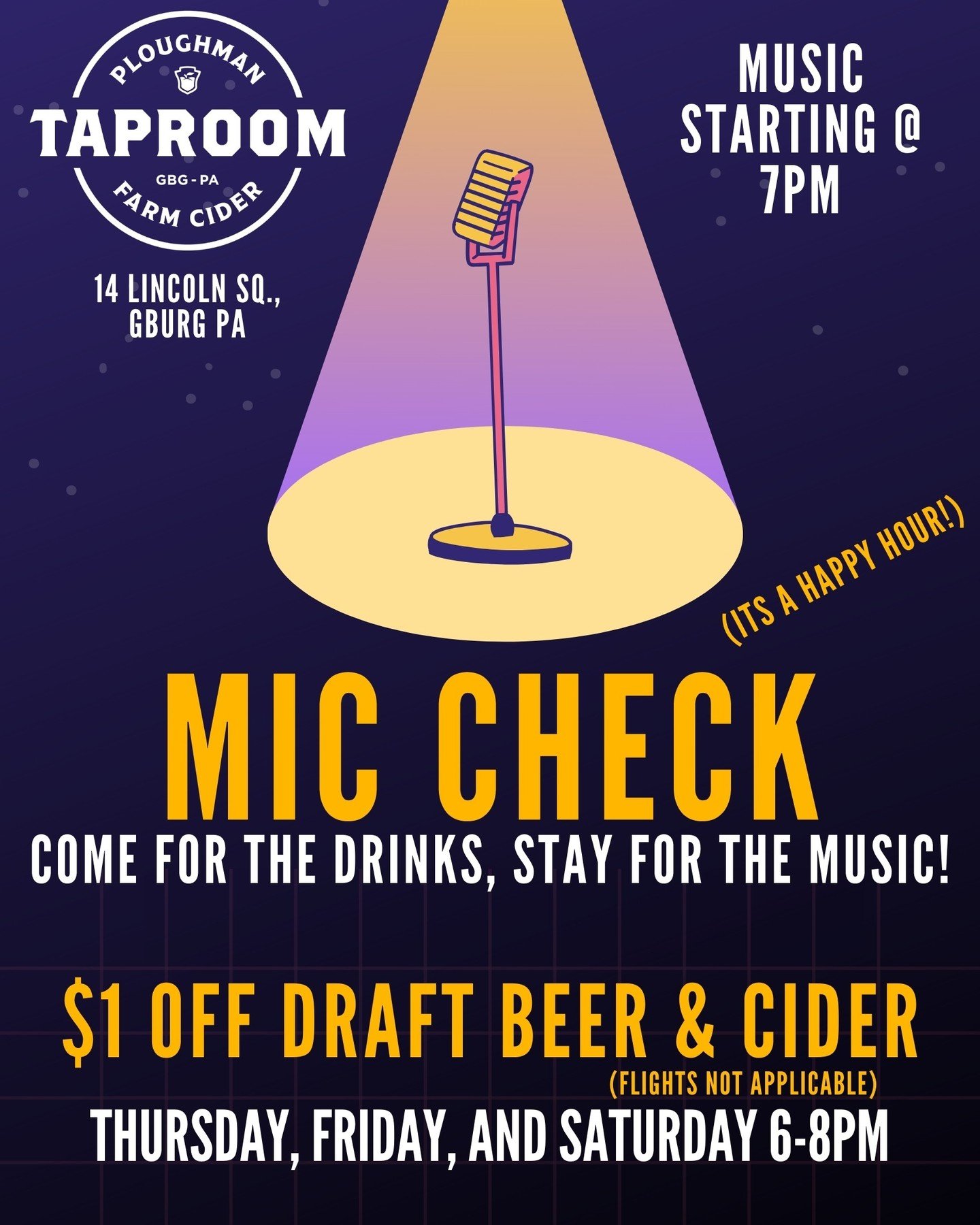 It's an exciting day for the taproom, because we're announcing the beginning of a weekly &quot;Mic Check!&quot;

Starting April 18th, every Thursday, Friday, and Saturday from 6pm-8pm we're offering $1 off draft beer and cider! That's right folks, Pe