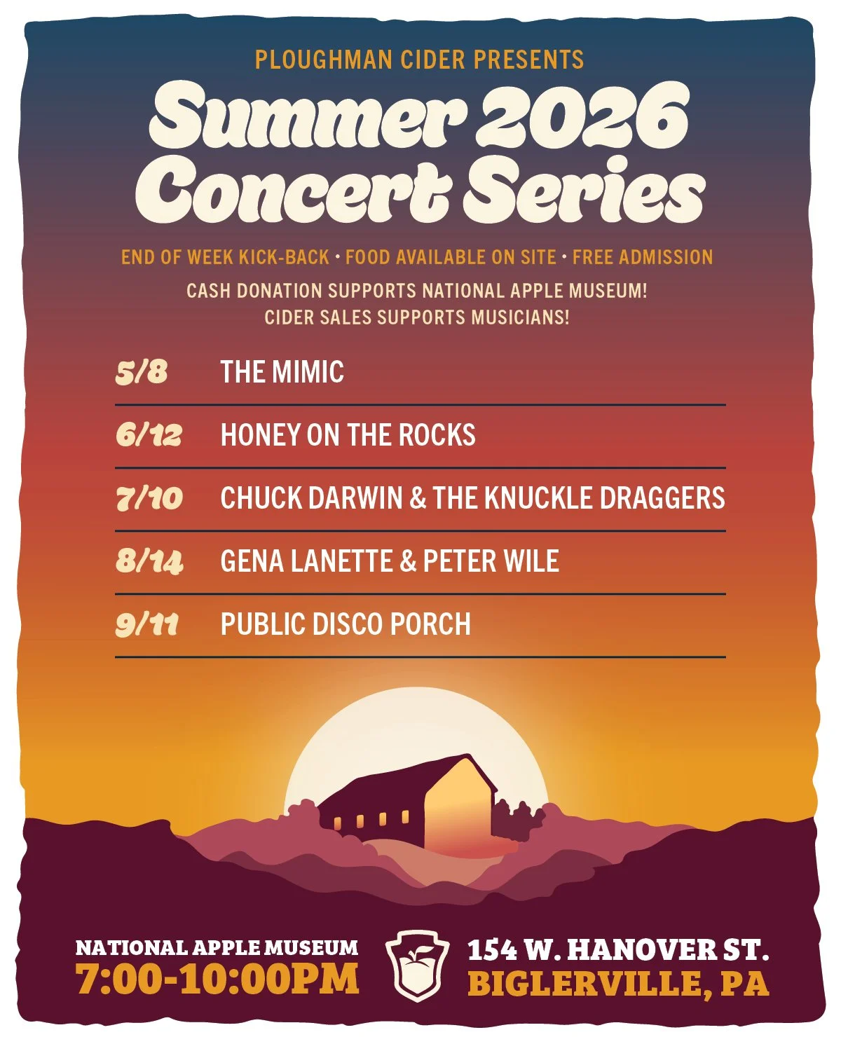 The Summer Concert Series at National Apple Museum is BACK for 2026! Thank you to our community partners who make this possible! Mark your calendars and we'll see you 2nd Fridays in Biglerville, PA!