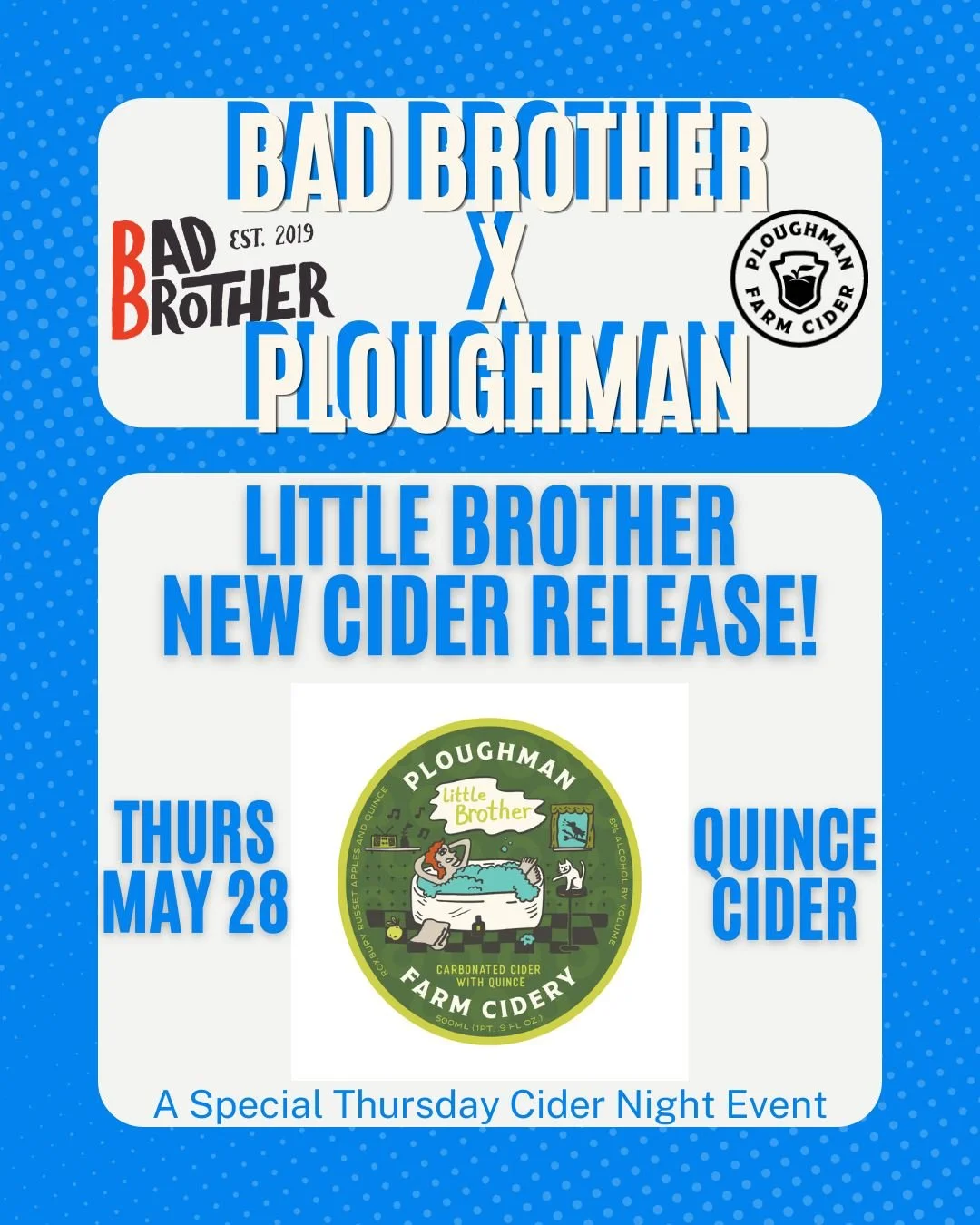 We'll use any excuse to hang with our buds at @badbrotherphilly, but releasing a cider called Little Brother made for a really good one just the same! So come spend your Thursday Cider Night with Bad Brother &amp; the Ploughman crew! Don't forget to 