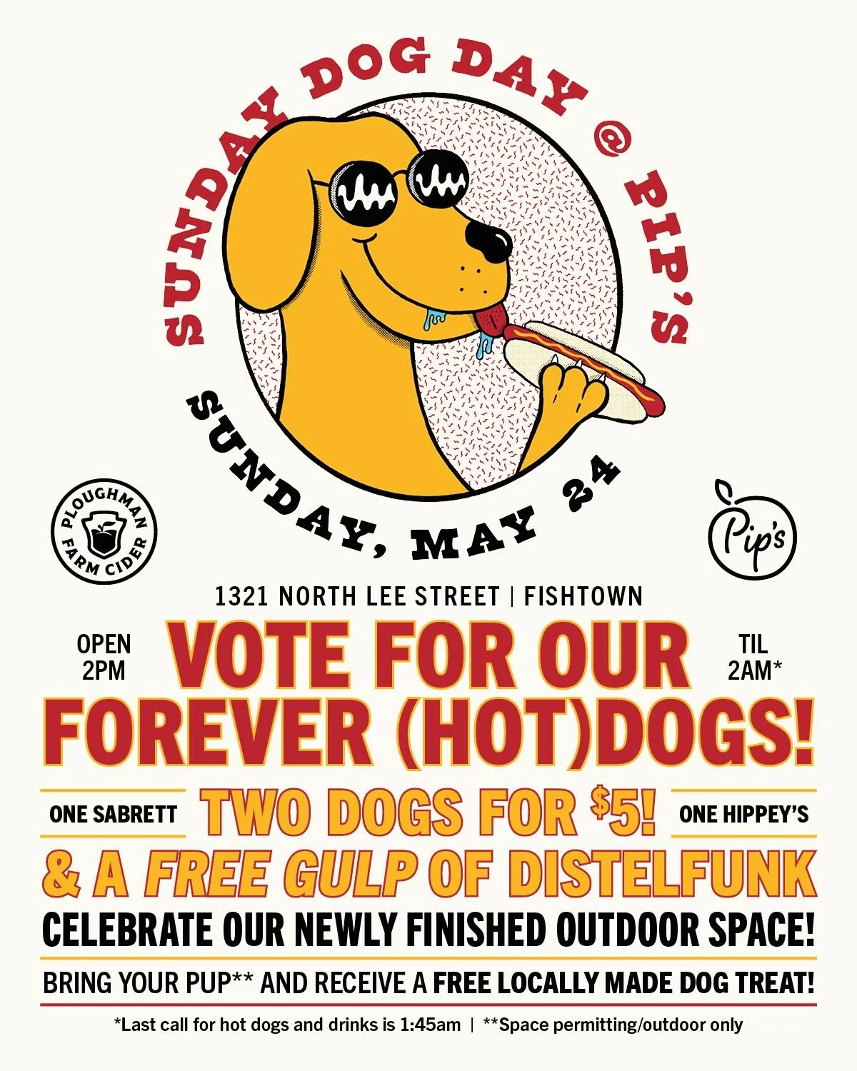 🌭 05.24.2026 🌭
Join the Pip&rsquo;s crew this Sunday from 2 PM&ndash;2 AM and cast your vote for our forever (hot) dogs!
We&rsquo;ll be serving up 2 for $5 hot dogs with a complimentary gulp of Distelfunk 🍑&mdash; definitely a hang you don&rsquo;t