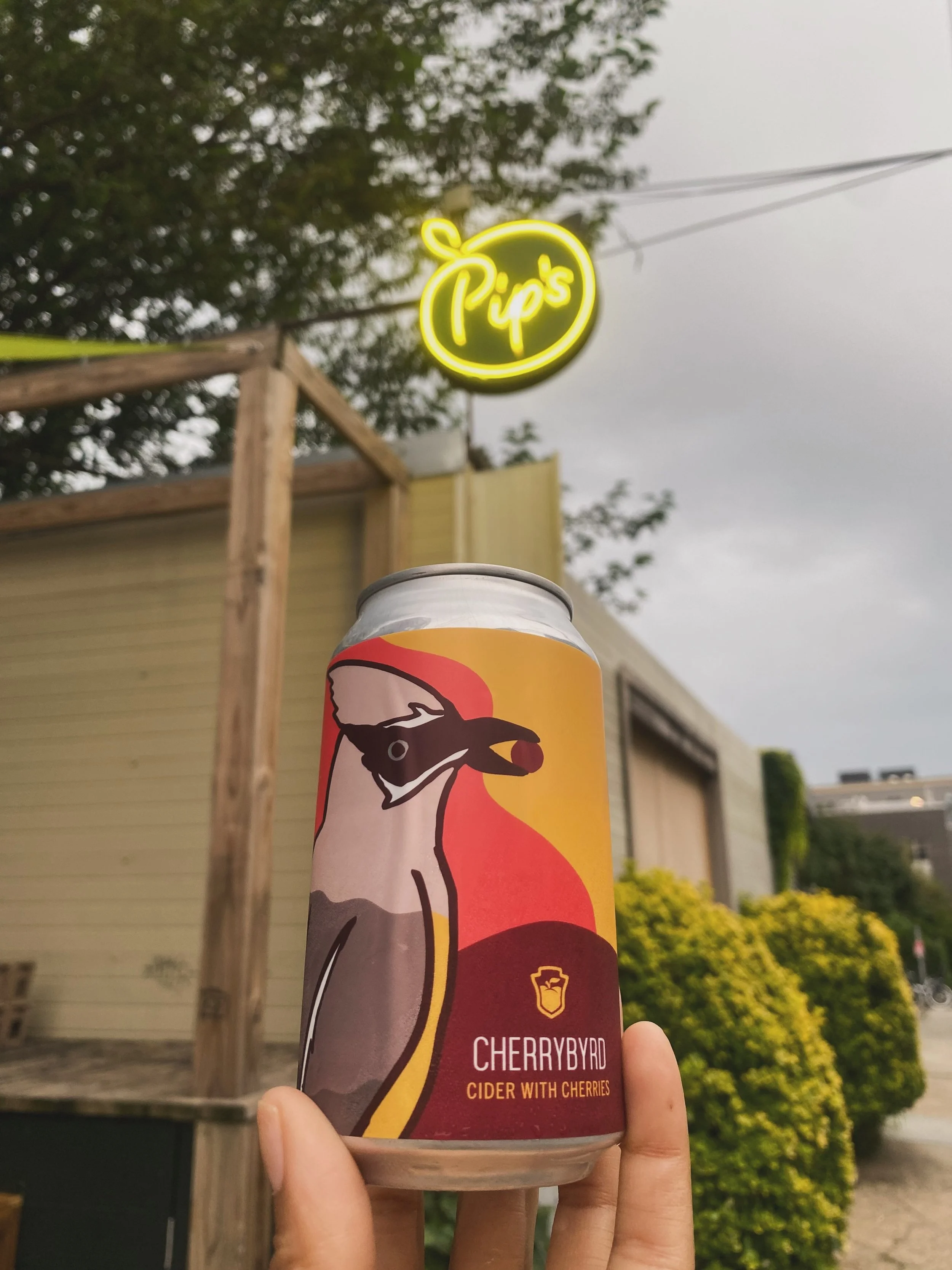 Attention!! The Cherrybyrd has landed at Pip&rsquo;s!!! 🍒🍎

Our newest cider offering is crisp, bright, and bursting with red fruit! Blended with Winter Banana apples, Wickson crabapples, and Montmorency cherries, it brings notes of cherry, strawbe