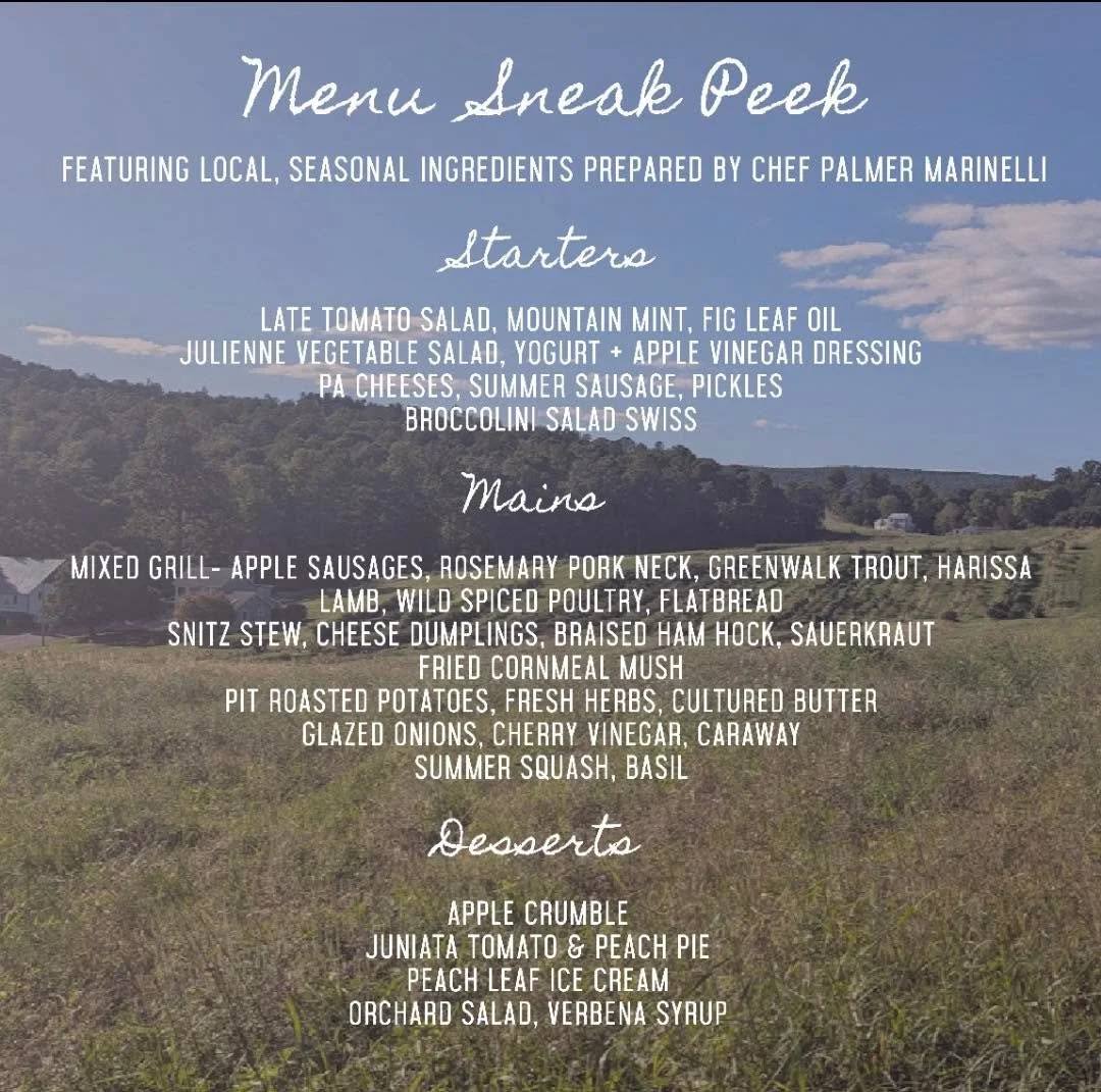 The time is nearly here! Make your plans to join us at The Feast of Johnny Appleseed, Saturday Sept 26th right at Three Springs Fruit Farm. Chef Palmer Marinelli has a great menu planned, locally sourced in a beautiful setting and paired with fine an