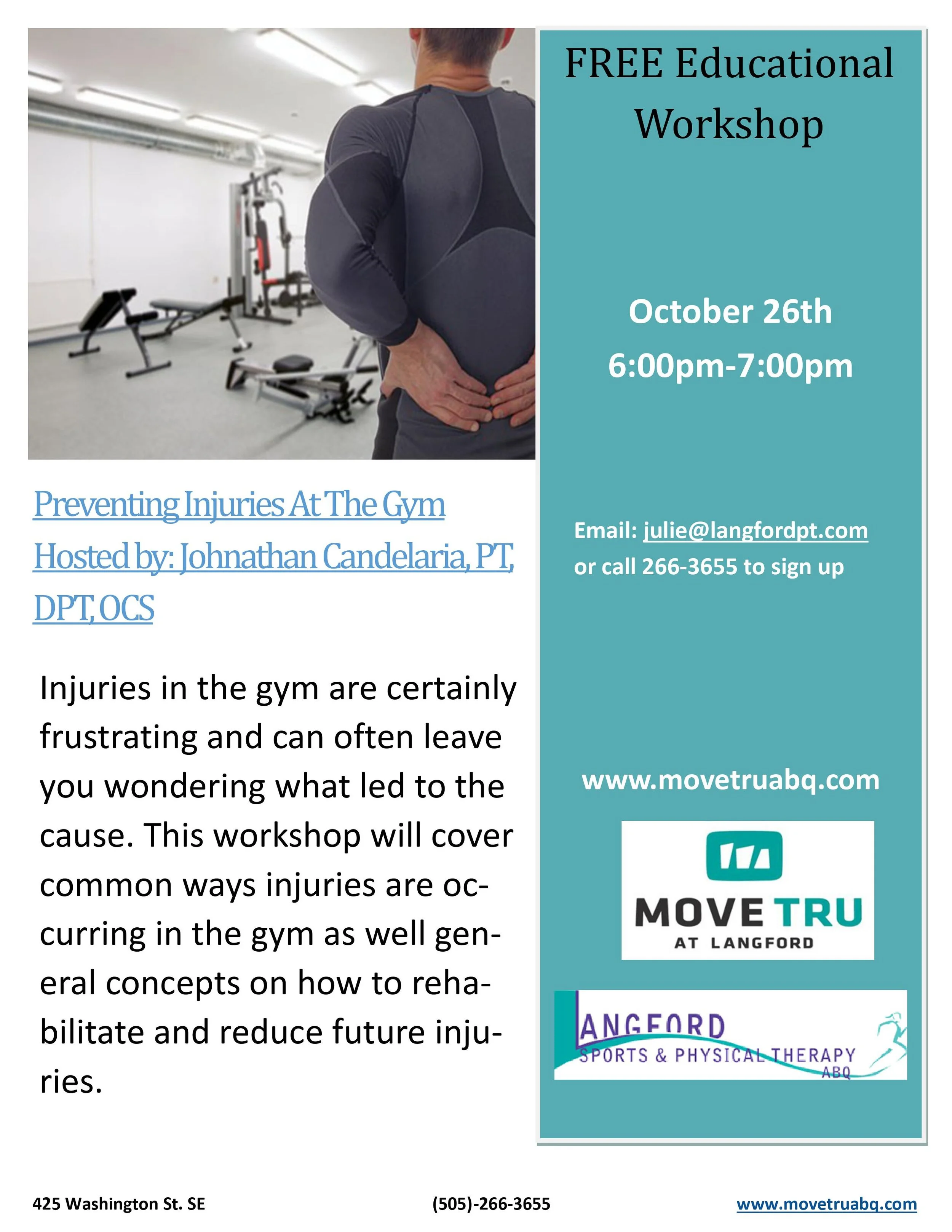 FREE Workshop: Preventing Gym Injuries -- October 26, 2021