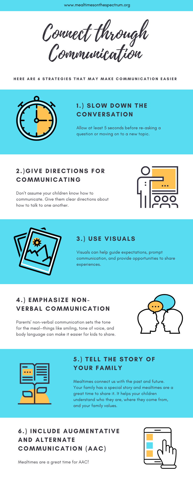 Connect through Communication: Here are 6 strategies that may make communication easier. 1.) slow down the conversation. Allow at least 5 seconds before re-asking a question or moving on to a new topic. 2.)Give Directions for communicating. Don't as…