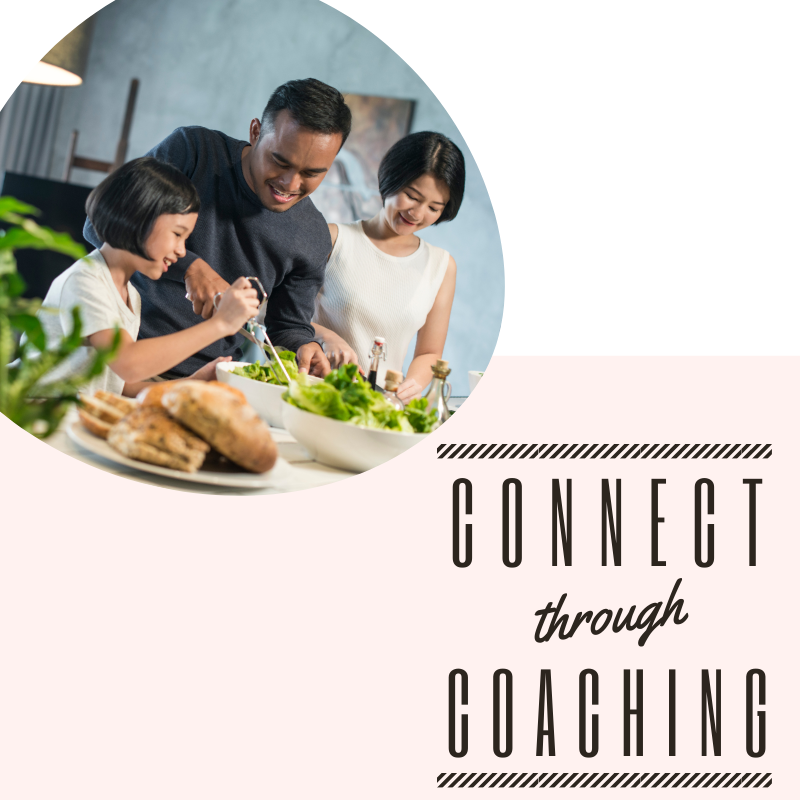 Picture of family a dinner with the heading “Connect through Coaching”