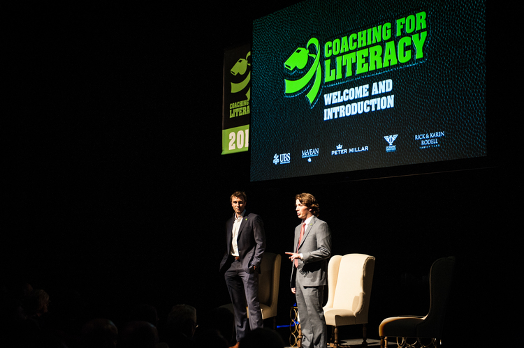 Coaching for Literacy Founders: Jonathan Wilfong (left) and Andrew Renshaw (right) speaking at Revitalizing Literacy Through Sports 2016 - A Conversation With Hugh Freeze