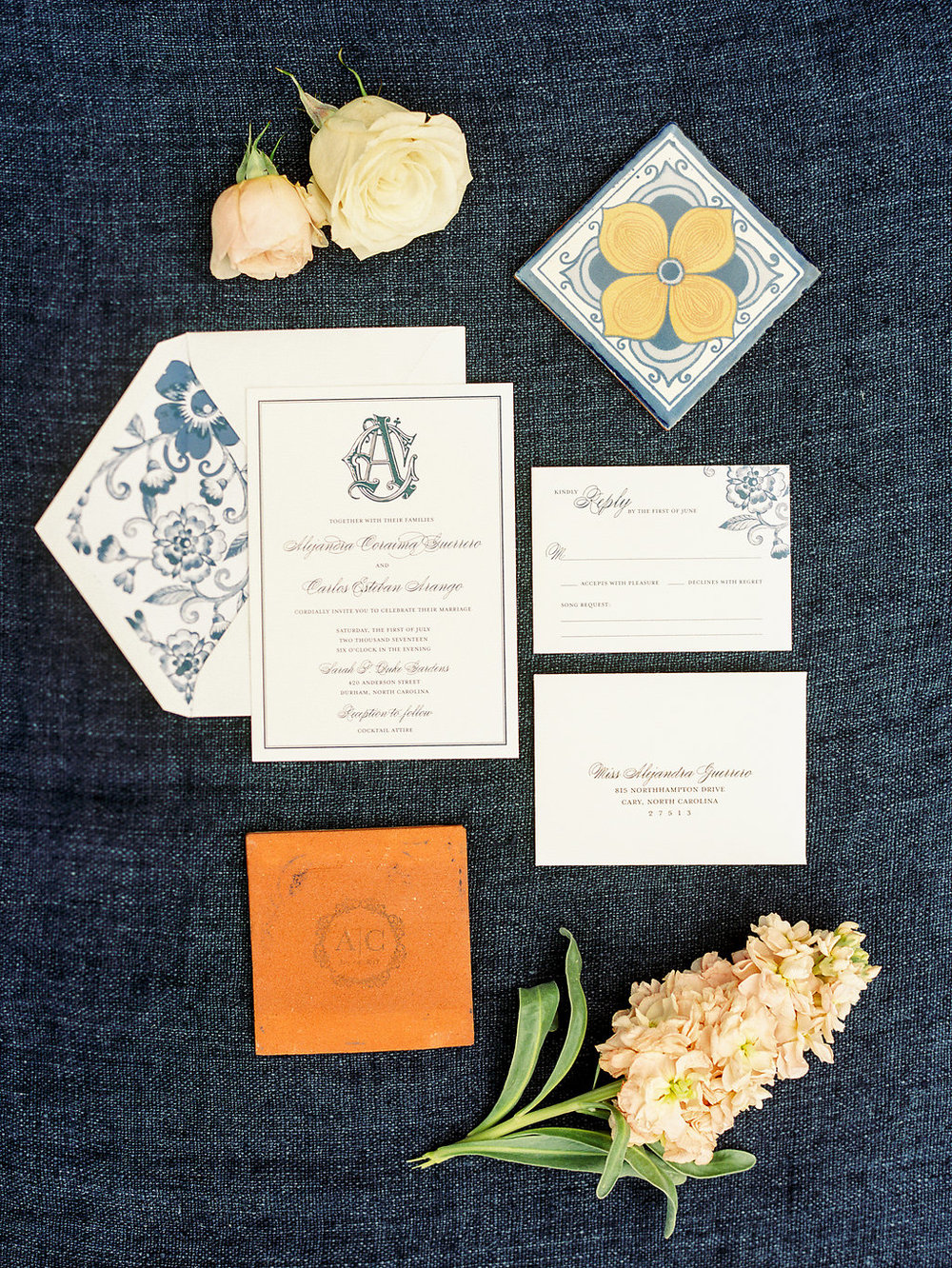 Blue and White Mexican Columbian wedding Invitation