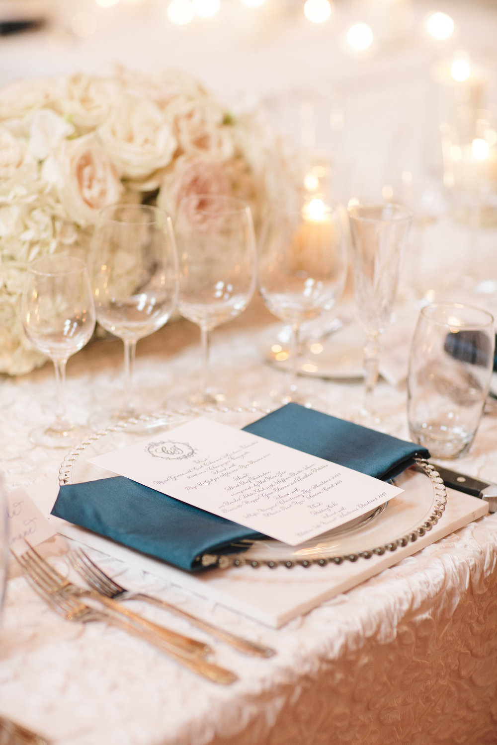White lace wedding linen with calligraphy menu