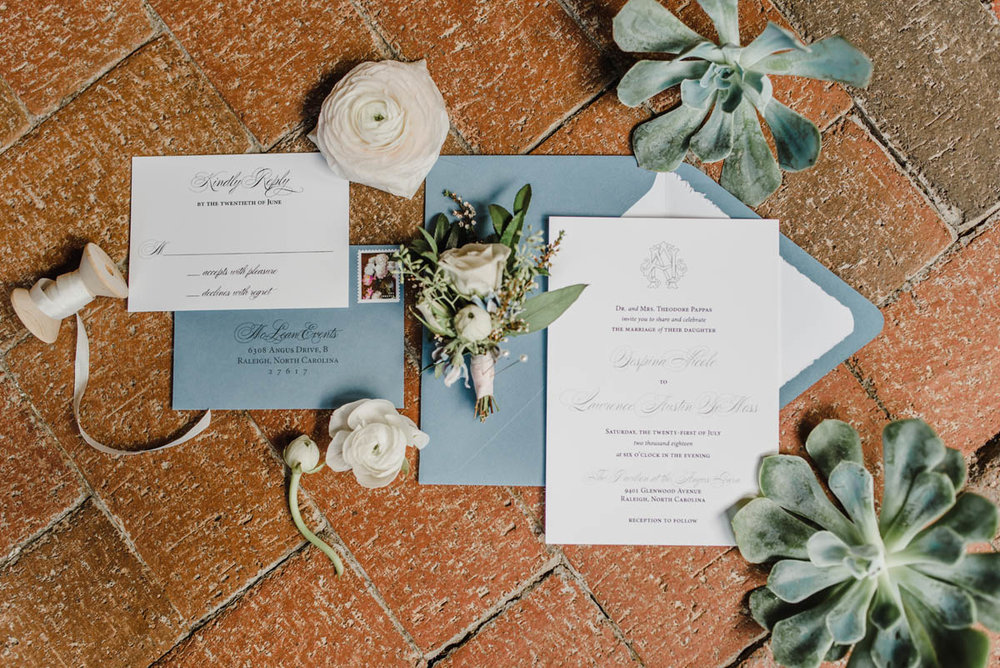 Classic blue grey wedding invitation suite