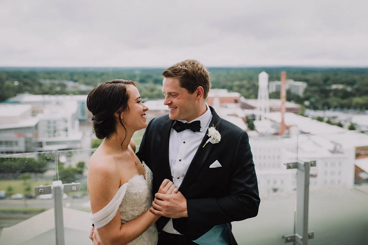 Bride and groom on Durham NC rooftop