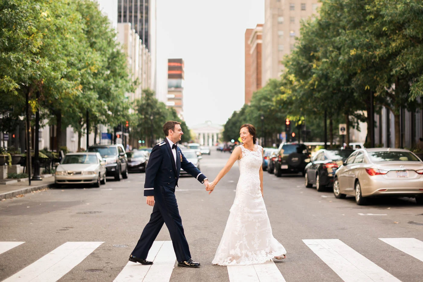 Downtown Raleigh NC wedding photos in crosswalk
