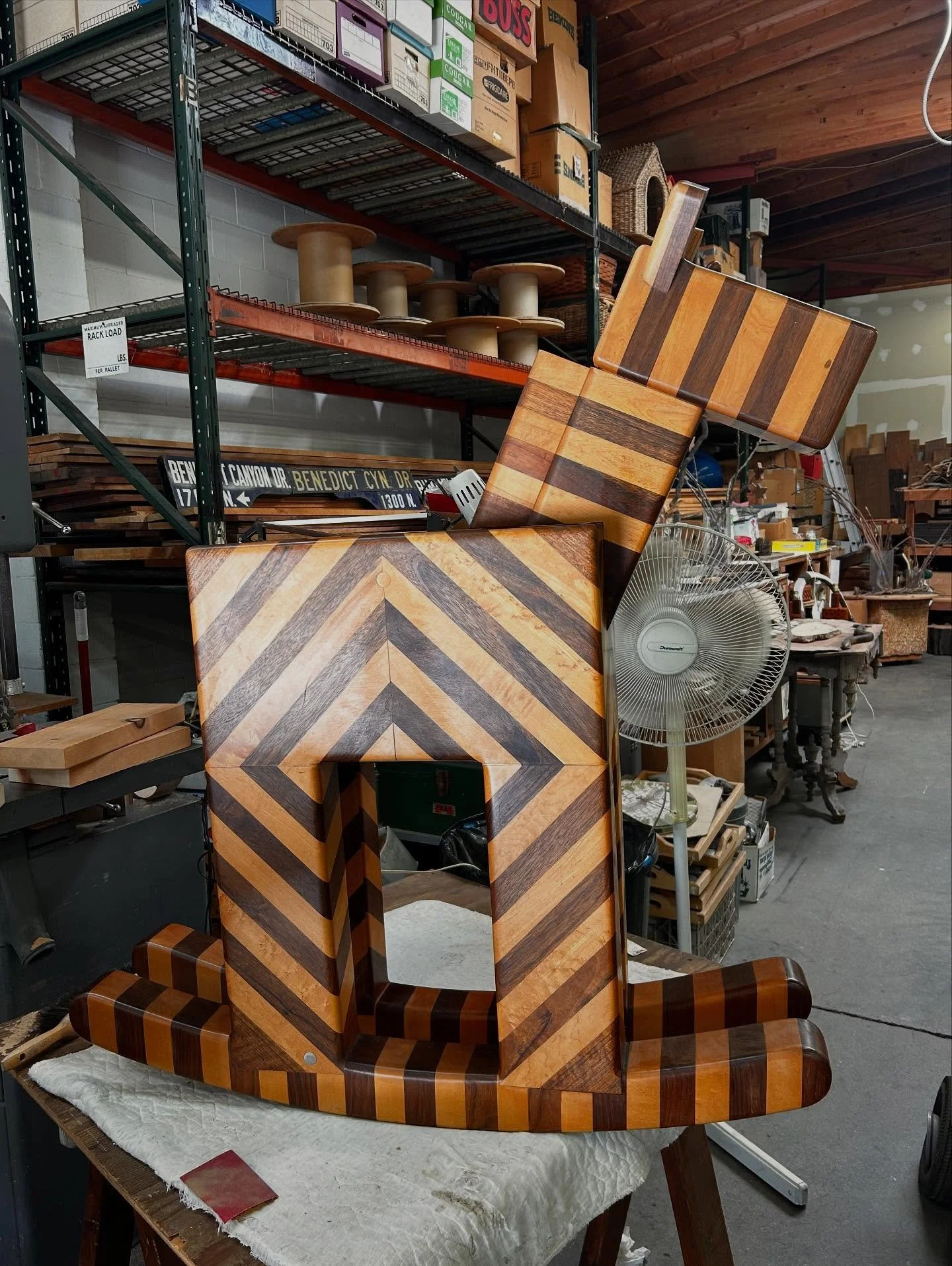 &bull; ROCKING ZEBRA &bull; restored &amp; ready to keep on rocking after 50 years! 
PATTERN/HERRINGBONE/STRIPES/YIKES 
The body and head are both secret compartments . Commissioned by architect Barry BERKUS to store his liquor in his office. 3 other