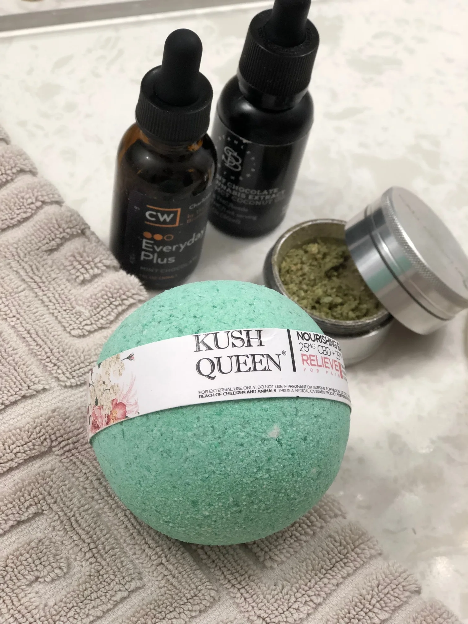 Medicated bath bombs: worthy of the HIGHpe. This is my set-up for bathtime.