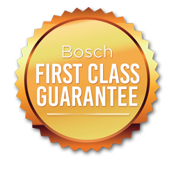 Bosch First Class Guarantee badge with gold and orange colors